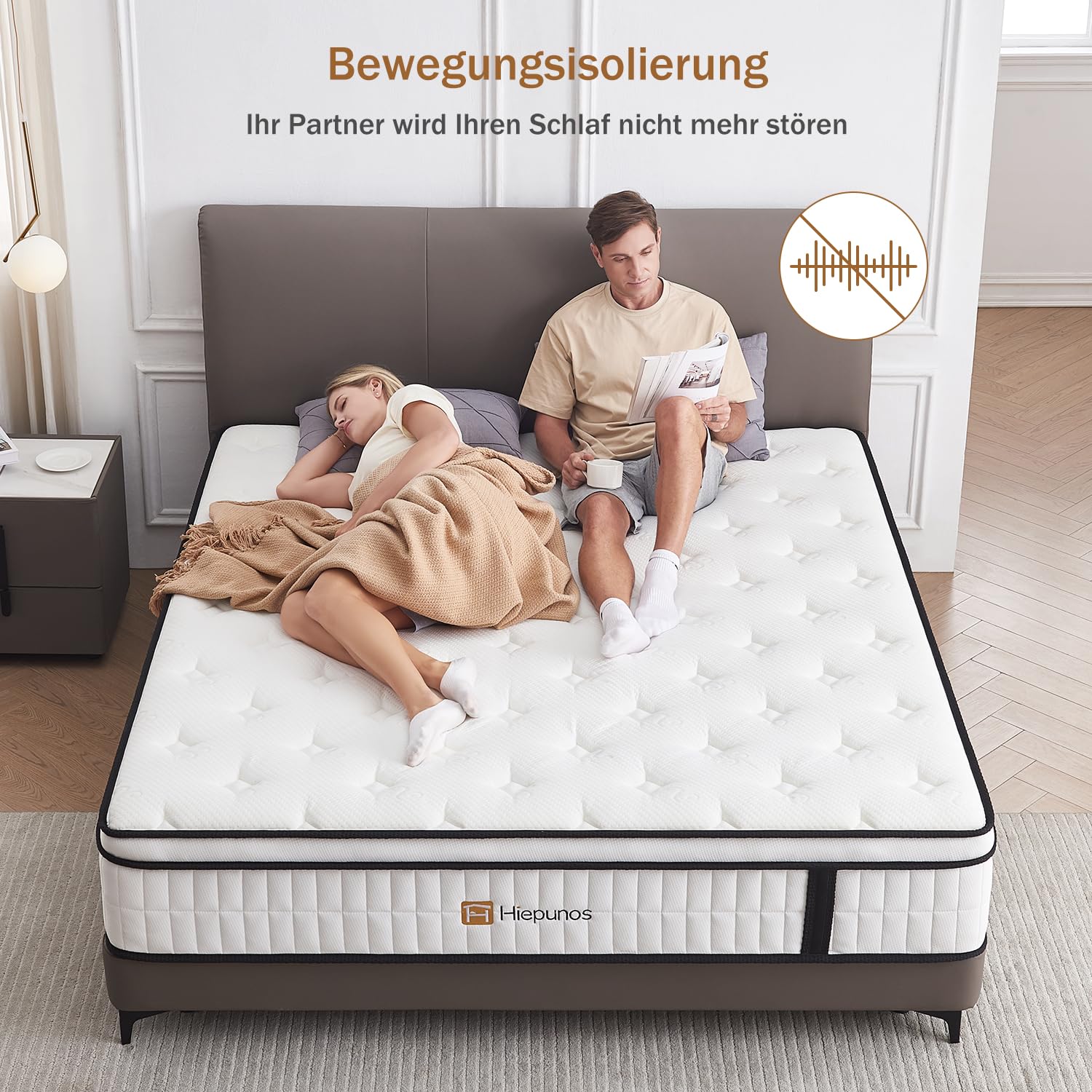 Hiepunos Materasso 160 x 200 cm, 26 cm, altezza materasso a molle insacchettate, grado di durezza H3,7 zone, ortopedico con strato di memory foam, scarico della schiena, certificato Öko-Tex