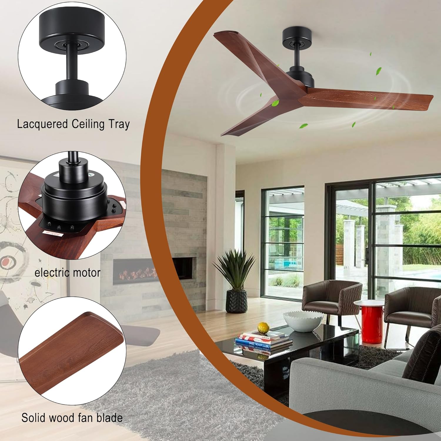 52" Low Profile Black Ceiling Fan Without Light, Quiet Operation, Timing, Workshop, Industrial Style, Powerful Motor