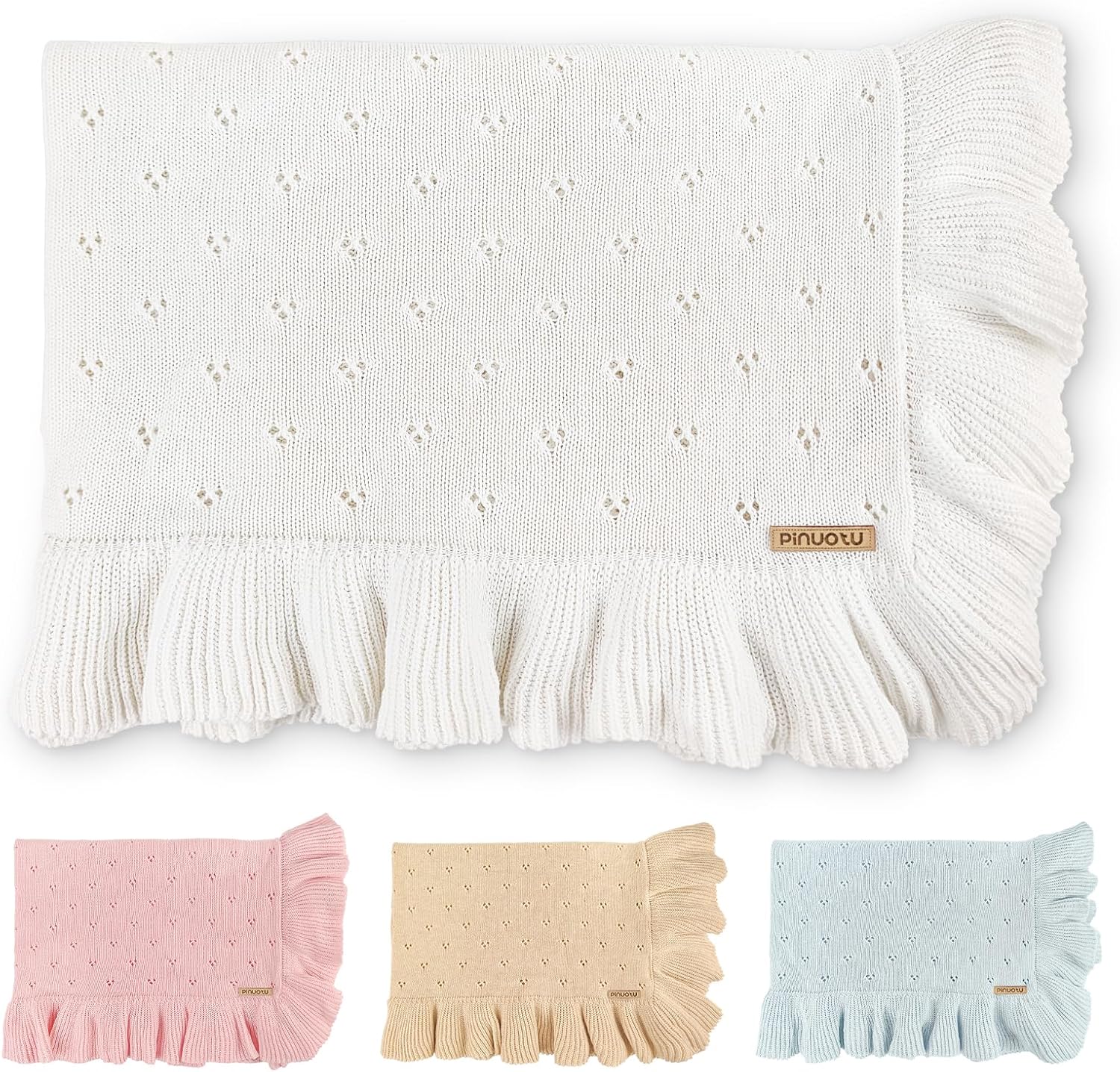 Cotton Pointelle Knitted Baby Blanket with Ruffle Trim, 40x31 Inches, Soft & Cozy for Newborns & Toddlers, Ideal for Swaddling, Crib & Stroller, Elegant Gift Box for All Seasons(White)