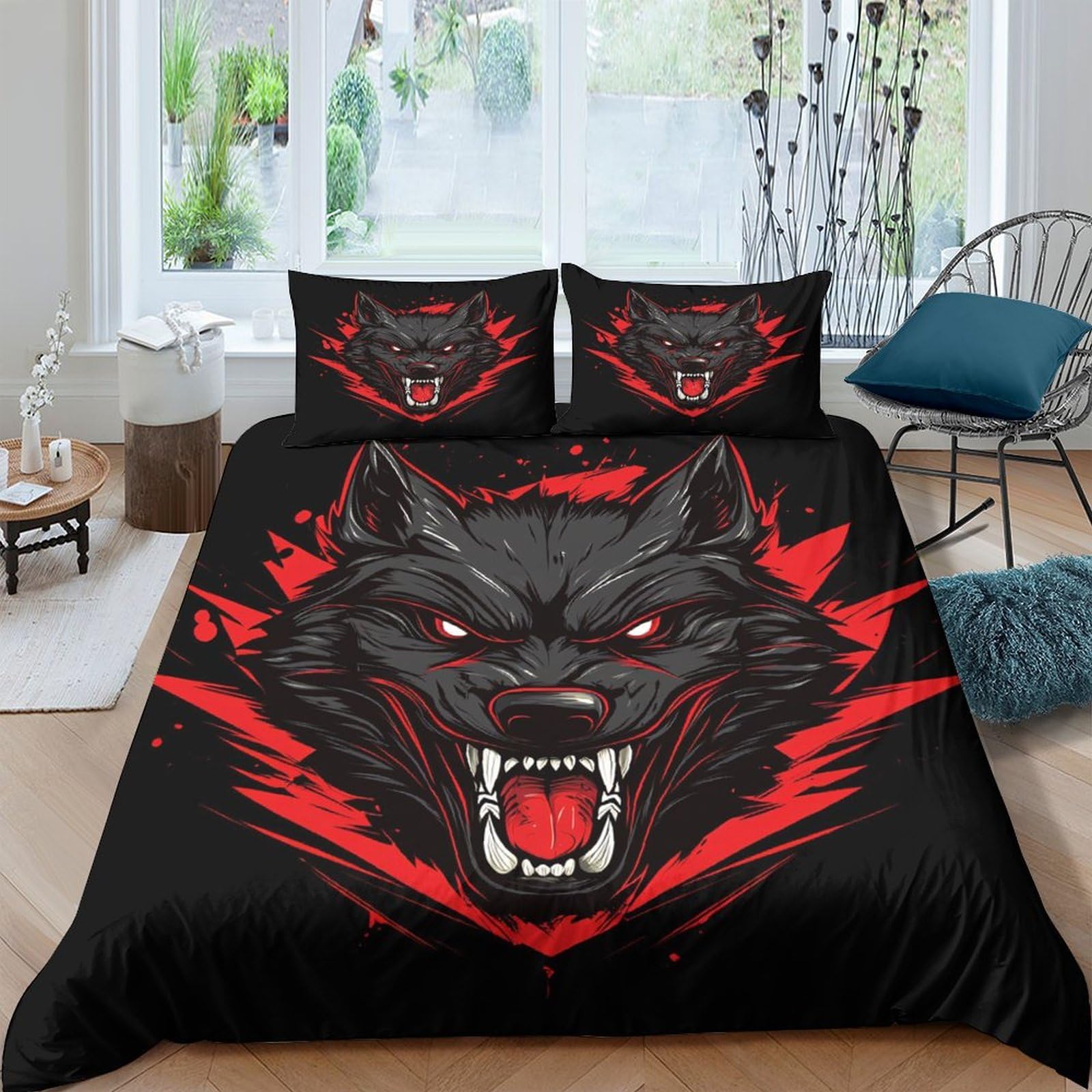 GPLZQXKJNH 3D Printed Wolf Head Duvet Cover Microfiber Black Red Bedding Set with 2 Pillowcases for Bedroom Decoration Single（135x200cm）