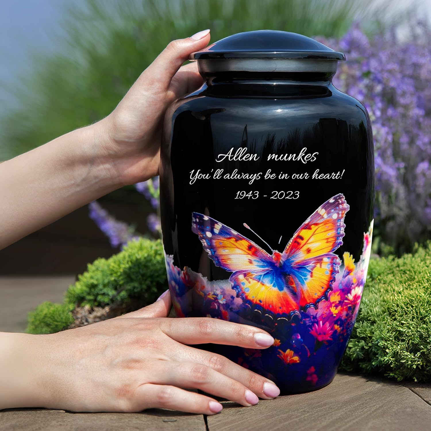 Butterfly Memorial Urn for Human Ashes – Custom Name & Dates on Black Cremation Urn, Elegant Tribute for Women & Men, Made in USA (Large)