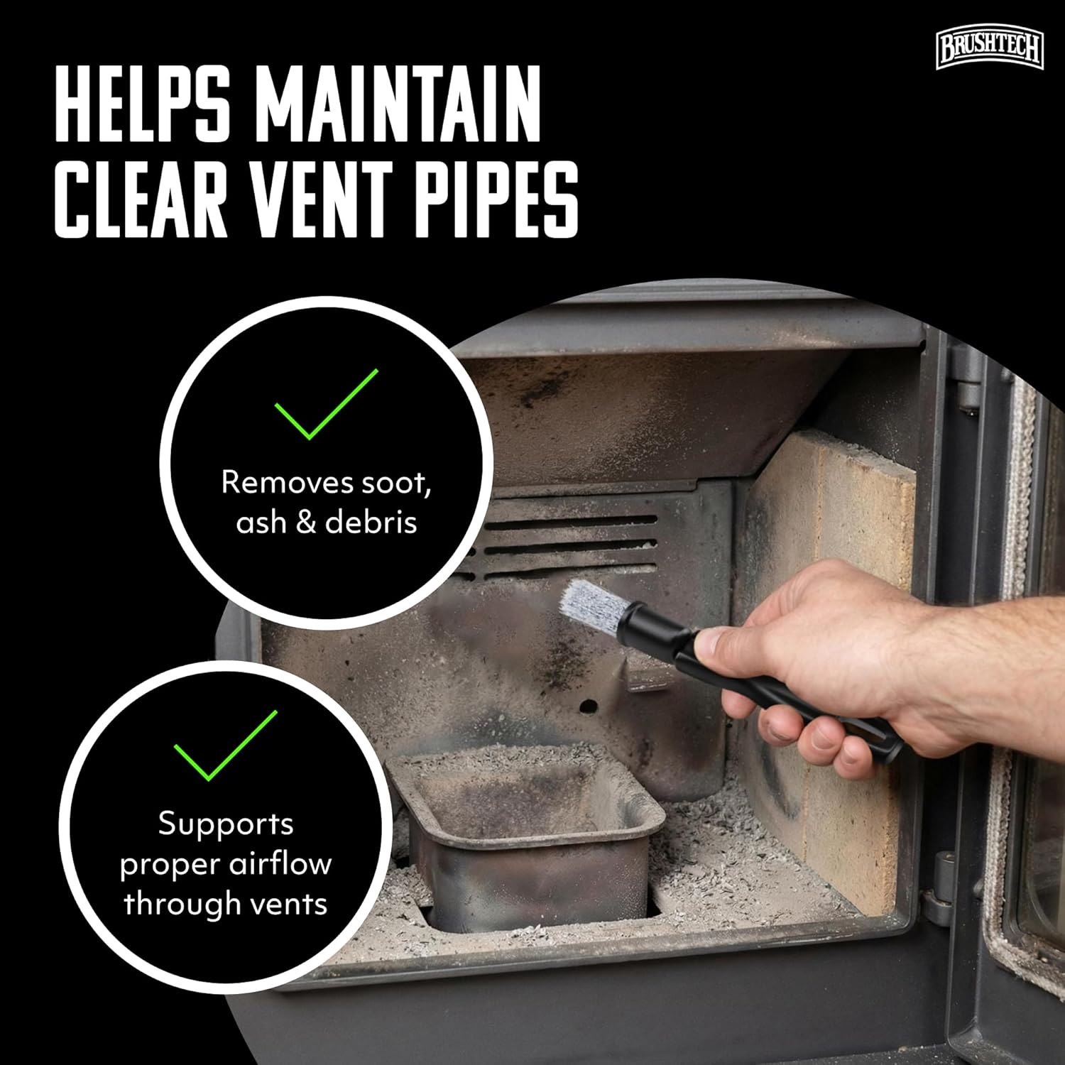Brushtech Pellet Stove Cleaning Brush Kit - 10-Foot Non-Kinking Spring Brush for 3-Inch Vent Pipes with Bonus Steel Ash Brush - Safe Airflow Maintenance for Stove Pipes