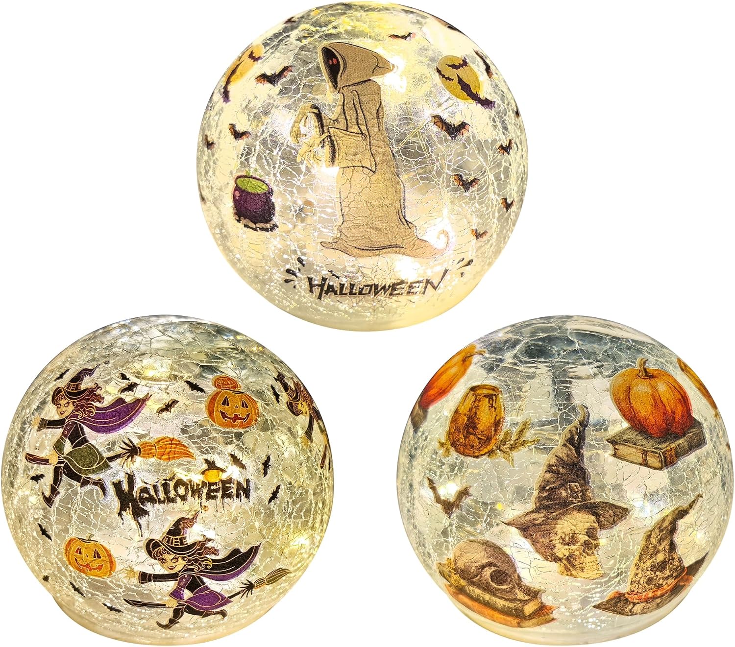 3 Pack Halloween Desktop Decorative Lights, Interior Decorations, LED Cracked Glass Ball Lights with Timer (Purple Witch)