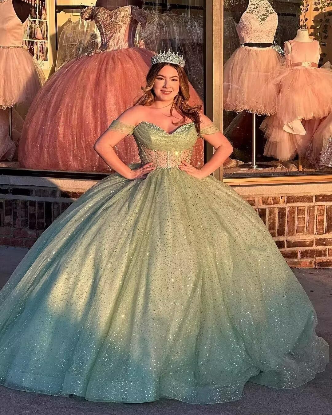 Glitter Tulle Quinceanera Dresses Off Shoulder Puffy Ball Gown Beaded Prom Dress for Sweet 15 16
