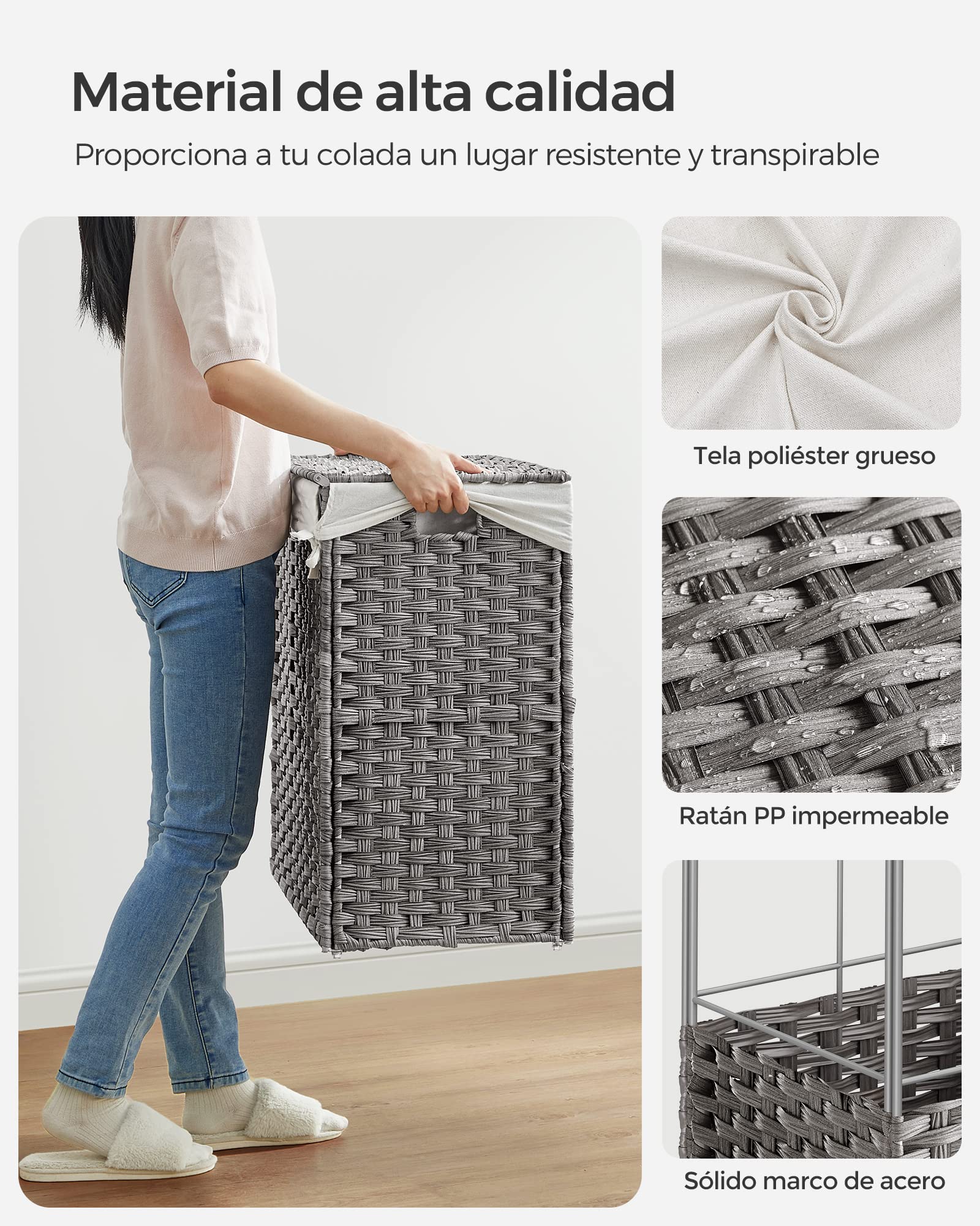 SONGMICS LCB363G01 Cesta para la ropa sucia con tapa, 140 l, cesta tejida con ruedas, 3 compartimentos, bolsa interior extraíble, para lavandería, dormitorio, 66 x 33 x 66 cm, color gris