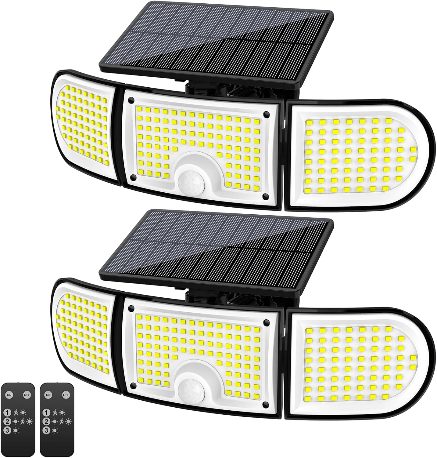 Photo voltaic Outside Lights, 3000LM 218 LED Movement Sensor Lights with Distant Management, IP65 Waterproof,270° Huge Angle Flood Wall Lights with 3 Modes for Exterior Patio Wall (2pc)