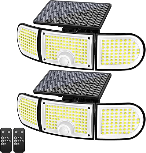 Miniatura 1 de Luces solares para exteriores, 3000 lúmenes, 218 luces LED con sensor de movimiento con control remoto, IP65 impermeable, luces de pared de