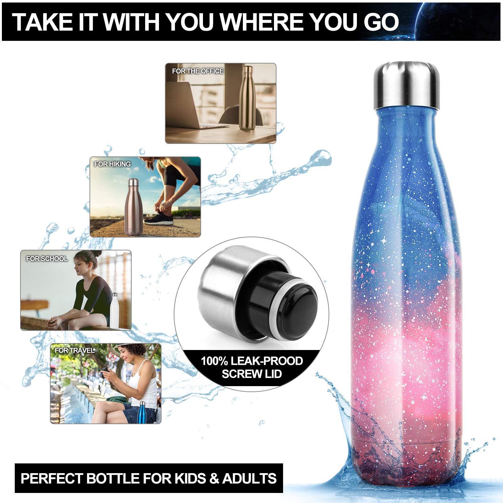 Termo de acero inoxidable – 350/500/750 ml, botella de agua aislada a prueba de fugas de doble pared, sin BPA, termo para niños, correr, ciclismo, camping, trabajo — view 6