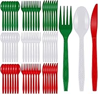 Vista 1 de Kochorie 360 cubiertos de plástico desechables de Navidad cubiertos de plástico para Navidad, rojo, verde, blanco, tenedores, cuchillos y cucharas