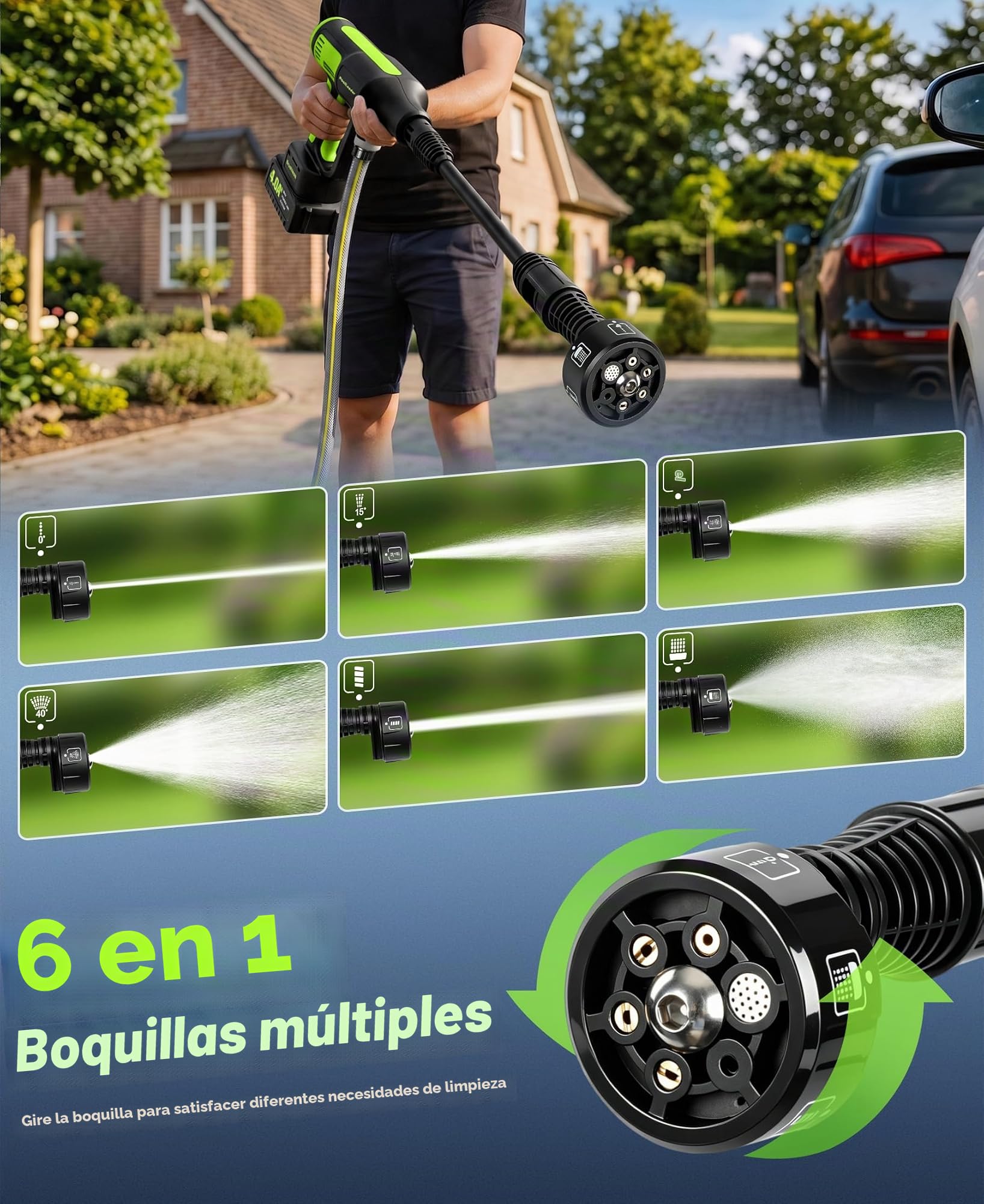 Hidrolimpiadora Bateria de Alta Presion,Sin Cepillo Hidrolimpiadora Portati | 50Bar Pistola de Agua a Presión con 4 Niveles Potencia & Pantalla LCD, Boquilla Ajustable 6 en 1 Hidrolimpiadora Bateria