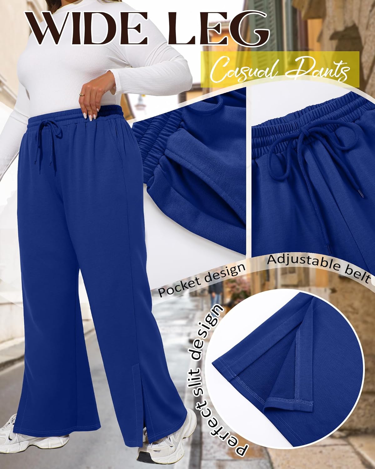 Neer 3 Pcs Womens Plus Size Sweatpants Wide Leg Drawstring Lounge Pants Side Slit Elastic Waist Workout Trousers with Pockets