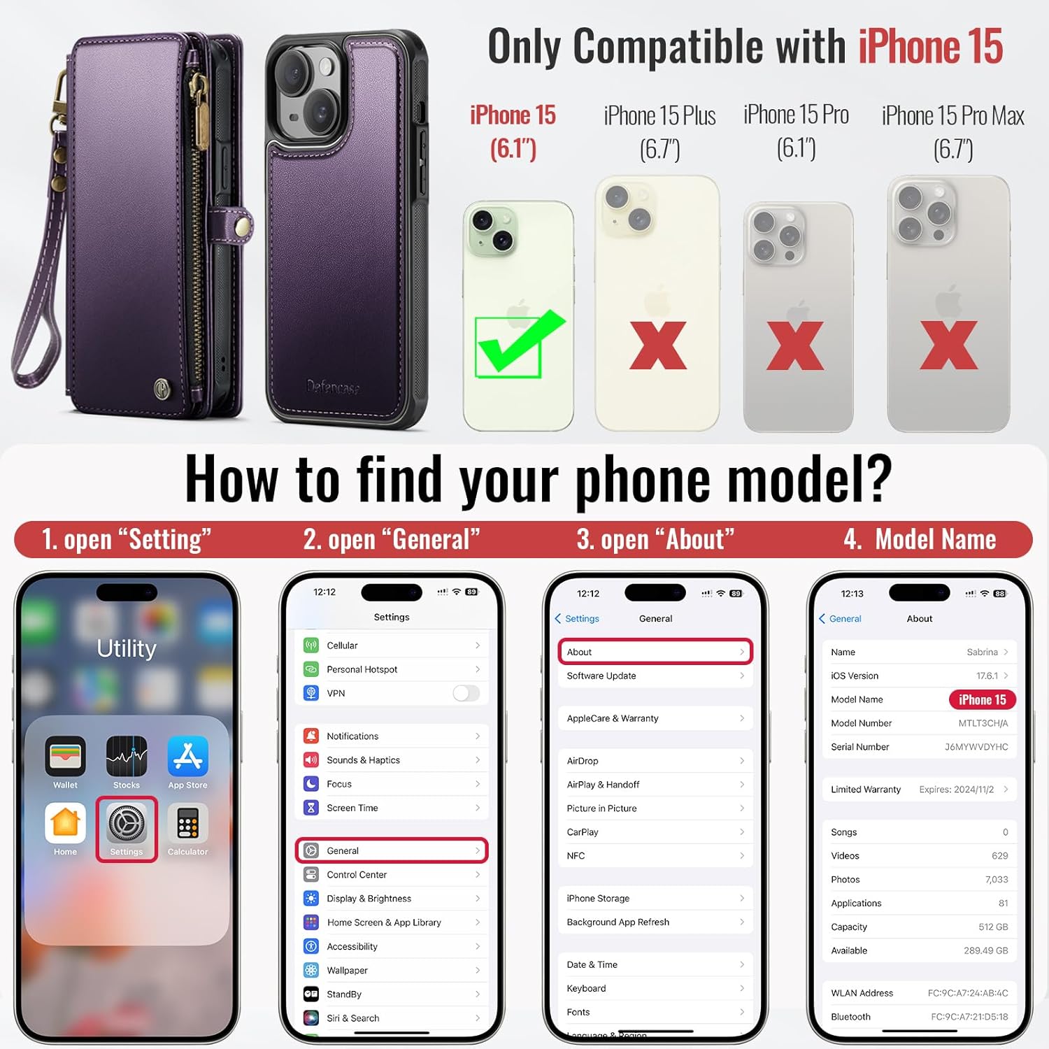 Defencase for iPhone 15 Magnetic Wallet Case Compatible with Magsafe with RFID Blocking Zipper & Card Holder for Women Men, PU Leather Strap Detachable Phone Case for iPhone 15 (6.1 inches), Purple