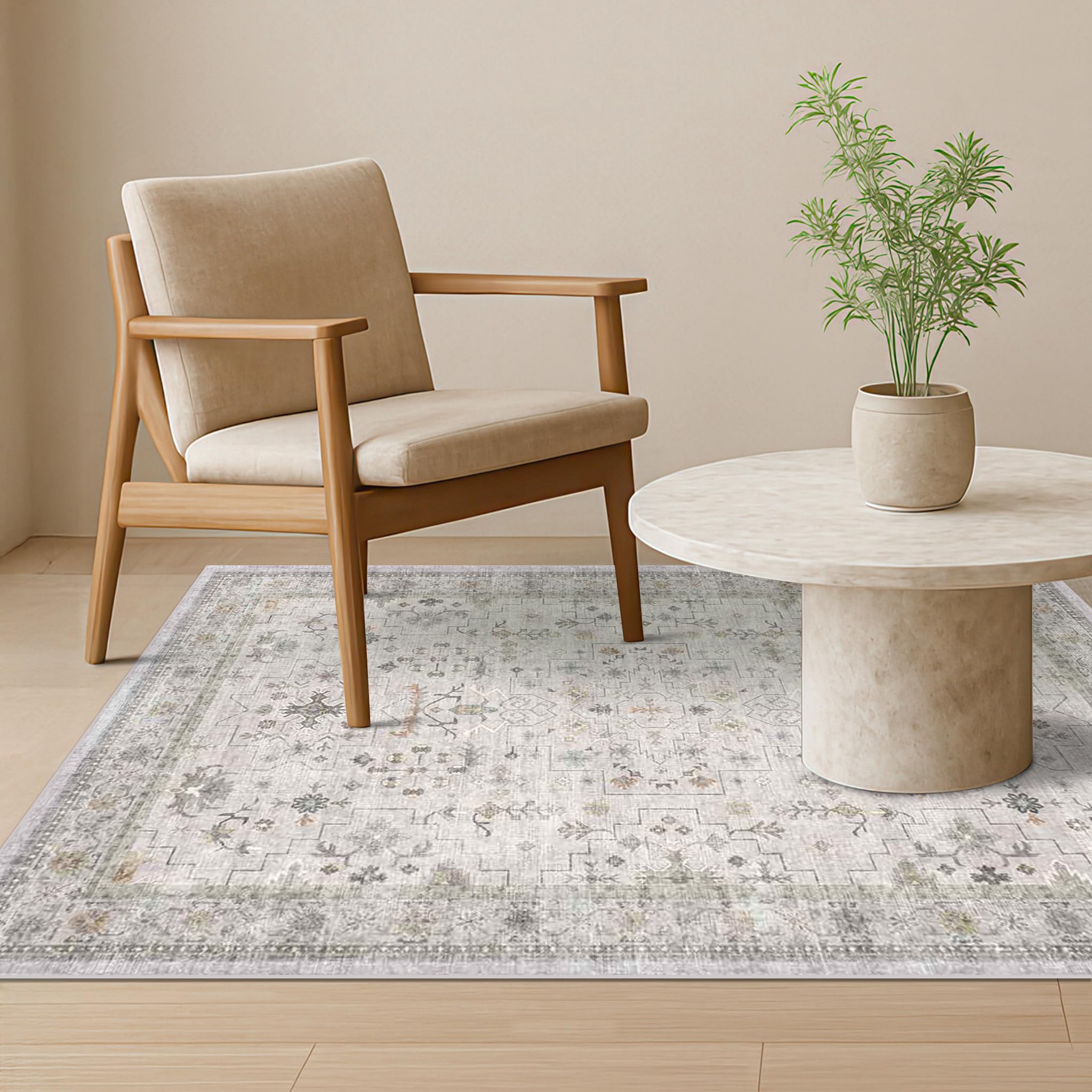 Hazo Haus Boho 4x6 Living Room Rug - Light Grey Modern Vintage Eclectic Floral Pastel Neutral Taupe, Washable Low Pile Non-Slip Area Rugs for Kitchen,