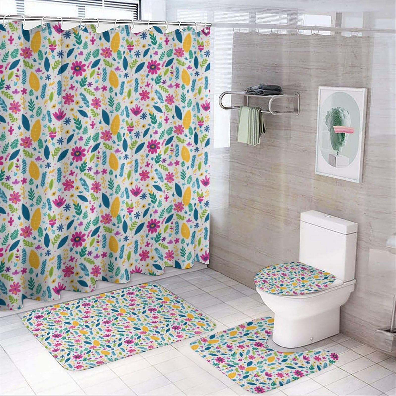 Flores y Plantas Baño de Cuatro Piezas Alfombra De Baño De Piedra, Antideslizante Y Resistente, Ideal para Baño Y Cocina 183×183cm