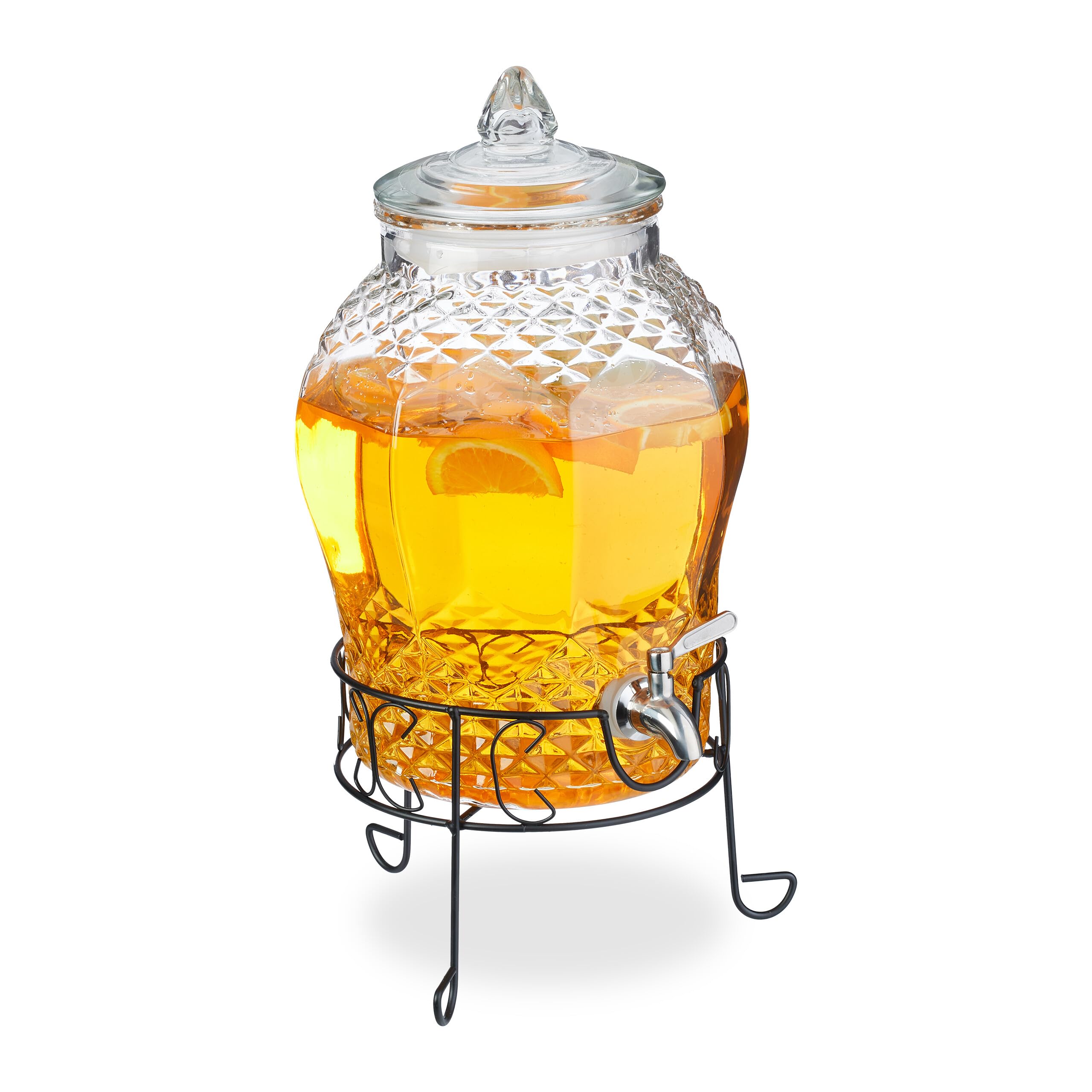 Relaxdays Dispensador Bebidas con Soporte, Recipiente Limonada 8 L, Grifo Acero Inoxidable y Tapa, Cristal, Transparente
