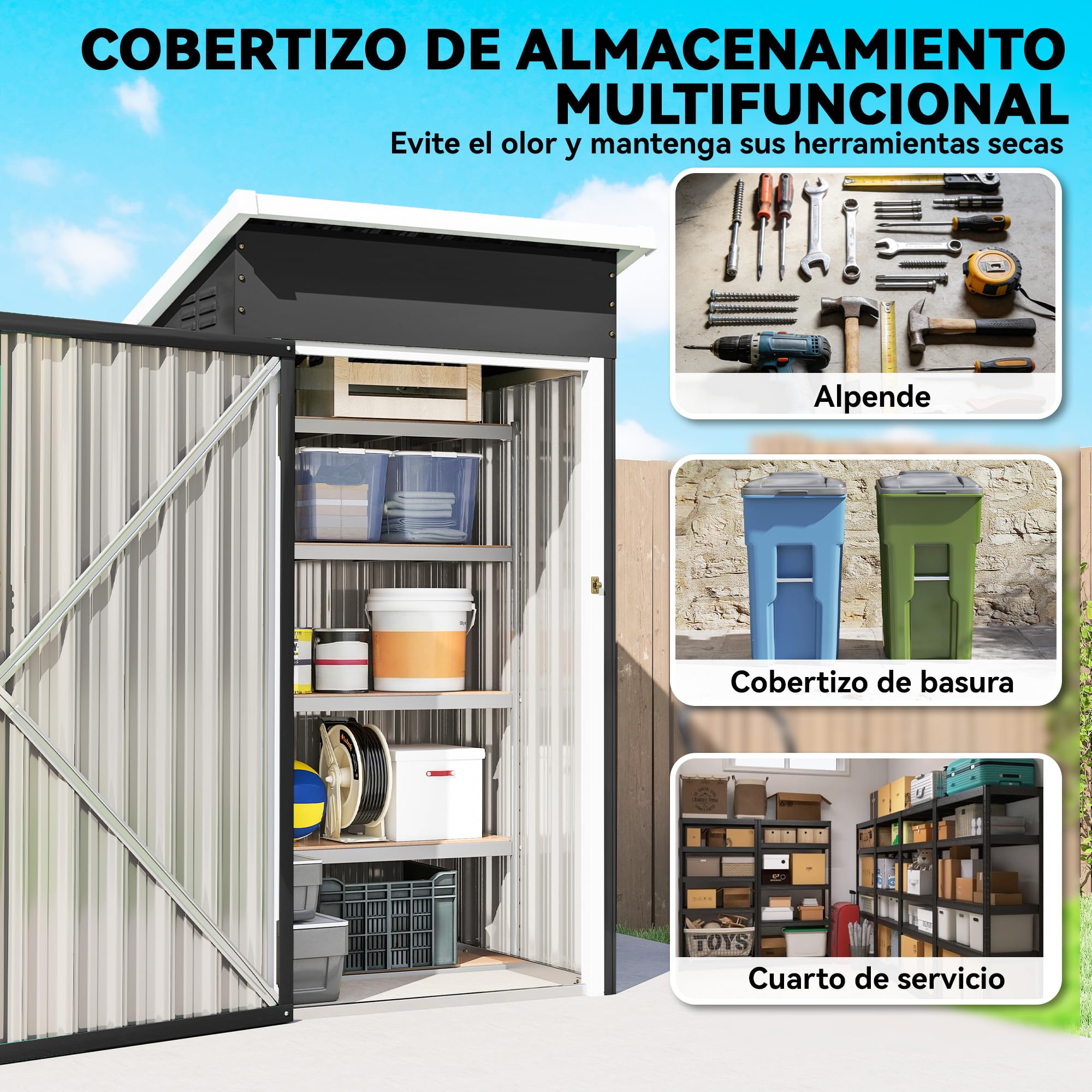 Outsunny Caseta de Jardín Exterior 0,74 m², 107,5x91x185 cm, Cobertizo de Jardín Exterior Metálico con Techo Inclinado, Puerta con Cerradura y Ventilaciones para Almacenamiento de Herramientas, Gris - 4