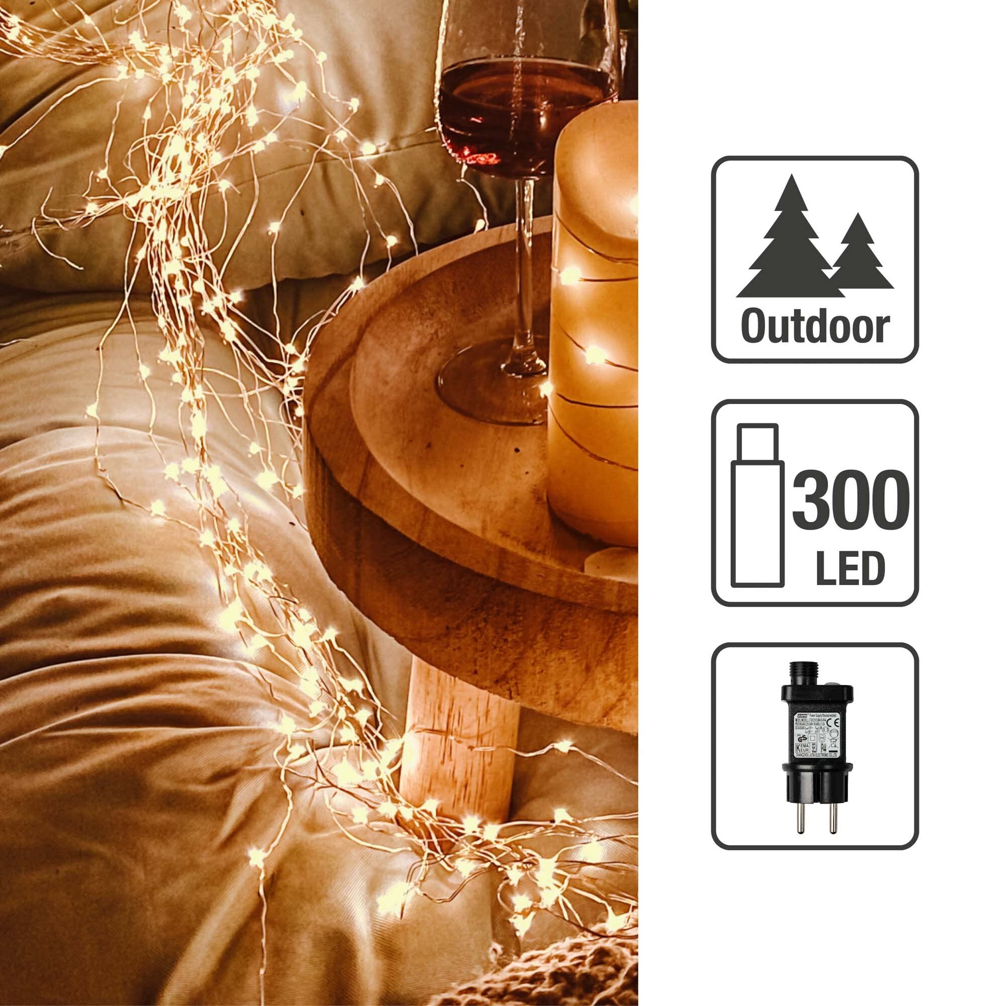 hellum LED Lichterkette außen Bernstein, Timer, Trafo, 59,80m beleuchtet | Lichterkette bernsteinfarben mit 300 LED, Kupferkabel mit Aufrollhilfe, für Hochzeit, Garten, Party, Weihnachten <59lm 578904