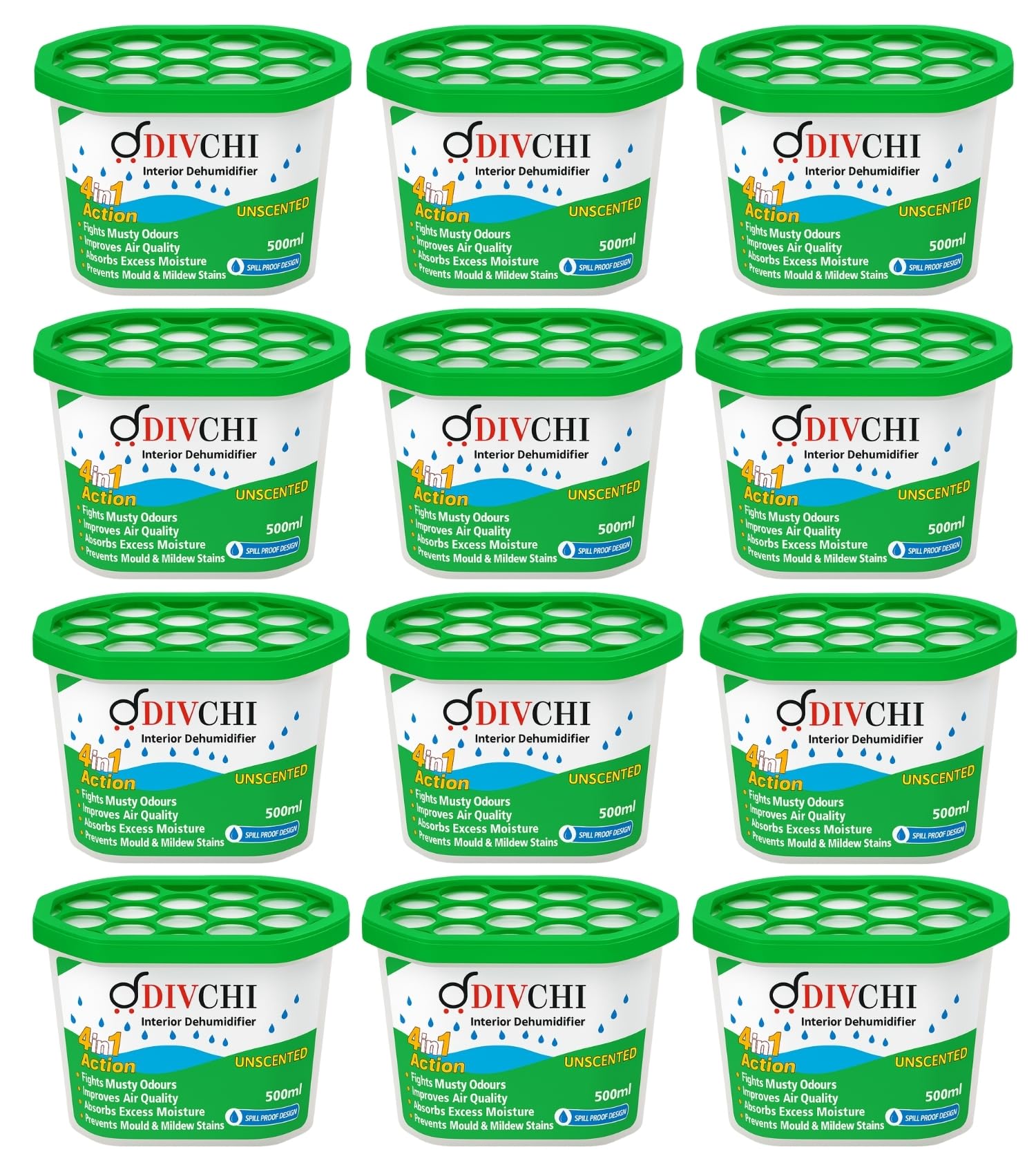 DIVCHI Disposable Dehumidifier for Home 500ml, Pack of 12 Moisture Absorber Dehumidifiers for Damp, Mould, Kitchen, Wardrobe, Bedroom, Caravan, Office, Garage, Bathroom - Mini Condensation Absorbers