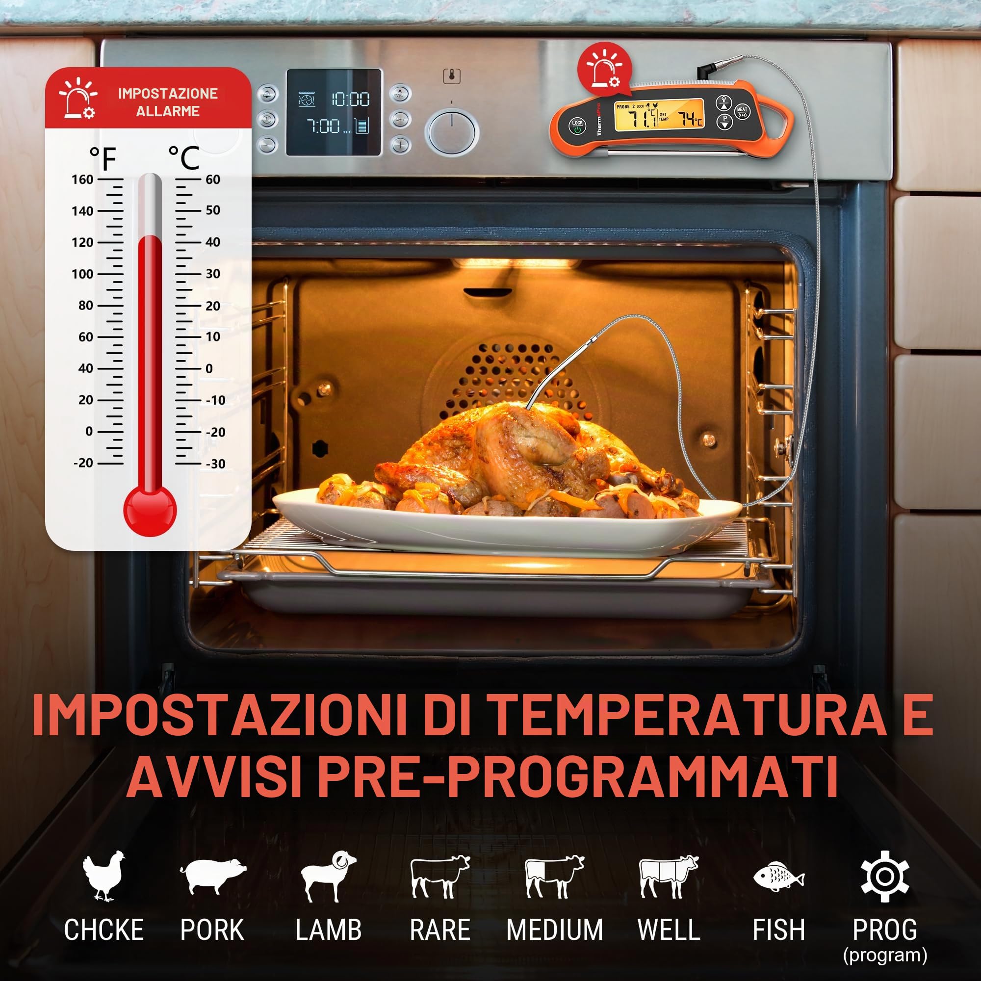 ThermoPro TP710 Termometro Cucina per Carne con Lettura Istantanea, Termometro Barbecue Impermeabile 2-in-1 con Doppia Sonda e Display a Doppia Temperatura per Forno, Grigliate, Affumicatore
