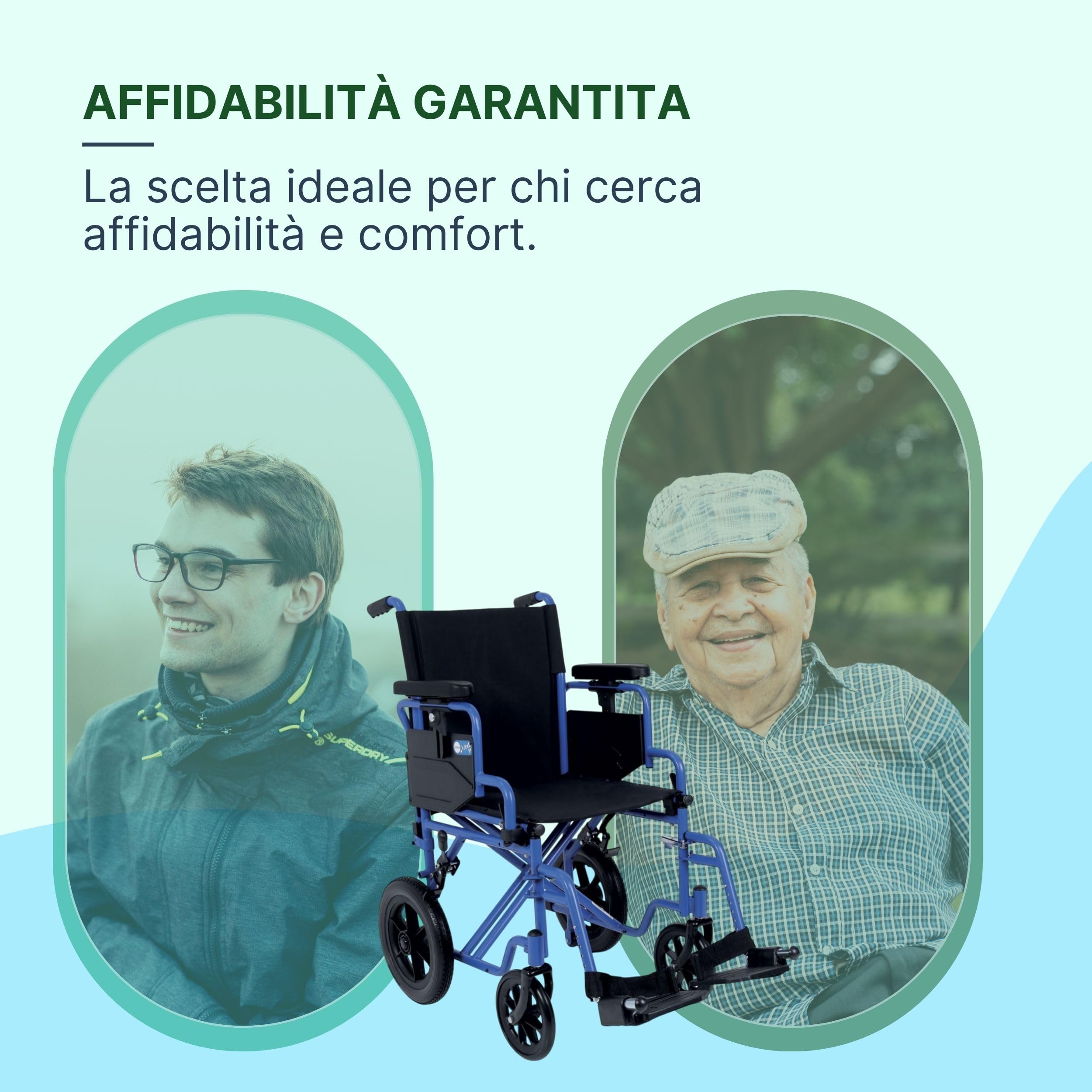 Sedia a Rotelle Pieghevole Leggera da Transito, 43 cm, Blu | Carrozzina per Disabili Predisposta per Autospinta, Crociera Doppia, Ruote a Sgancio Rapido, Braccioli Regolabili in Altezza