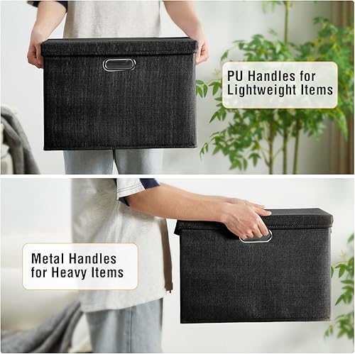 Miniatura 4 de 15" Large Collapsible Storage Bins with Lids, Stackable Closet Organizers with PU Handle and Labels, 3-Pack Decorative Fabric Storage Boxes for Negro
