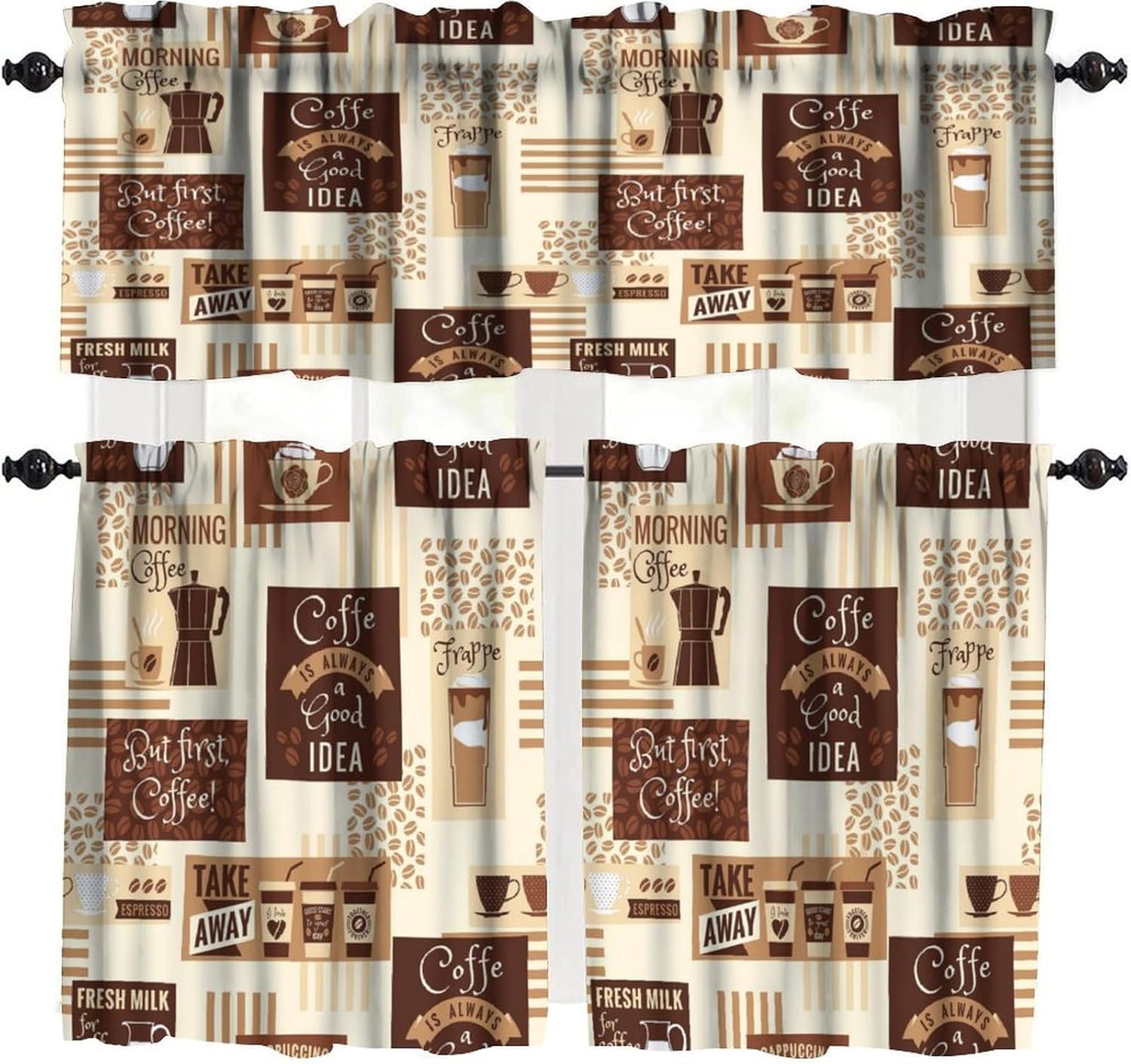 Coffee Kitchen Window Valance Curtains Coffee Red Hot Mocha Latte Milk Pattern Short Curtain for Kitchen Living Room Bathroom Windows W54xL18in + W27xL24in x2 (3 Piece)