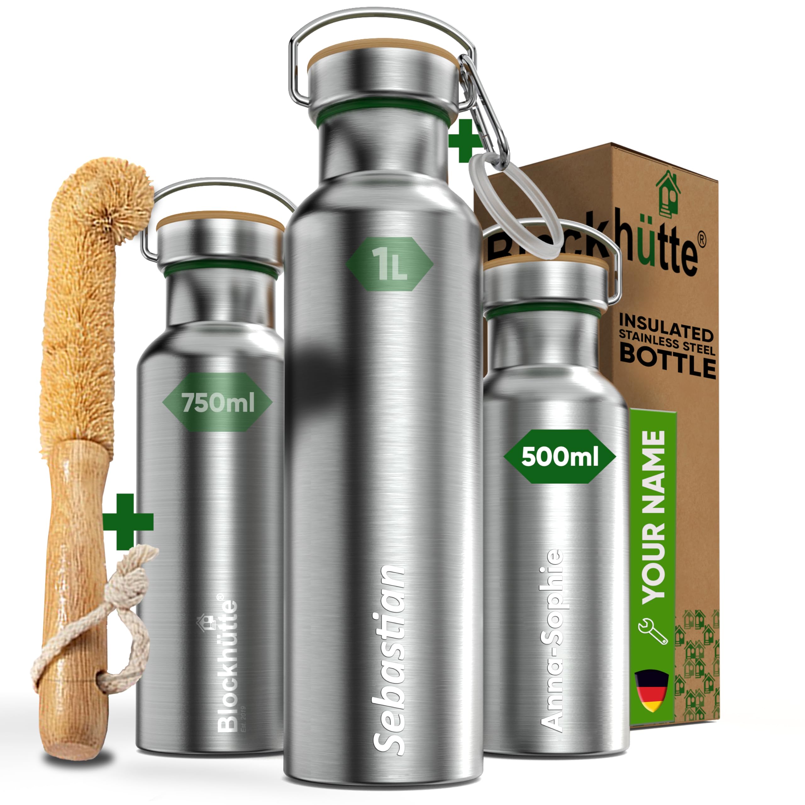 Blockhütte Personalised Water Bottle I Stainless Steel Water Bottle Insulated I 500ml, BPA Free, Thermal Leakproof Metal Water Bottle, Dishwasher Safe Flask Bottle, with Natural Cleaning Brush — image 1