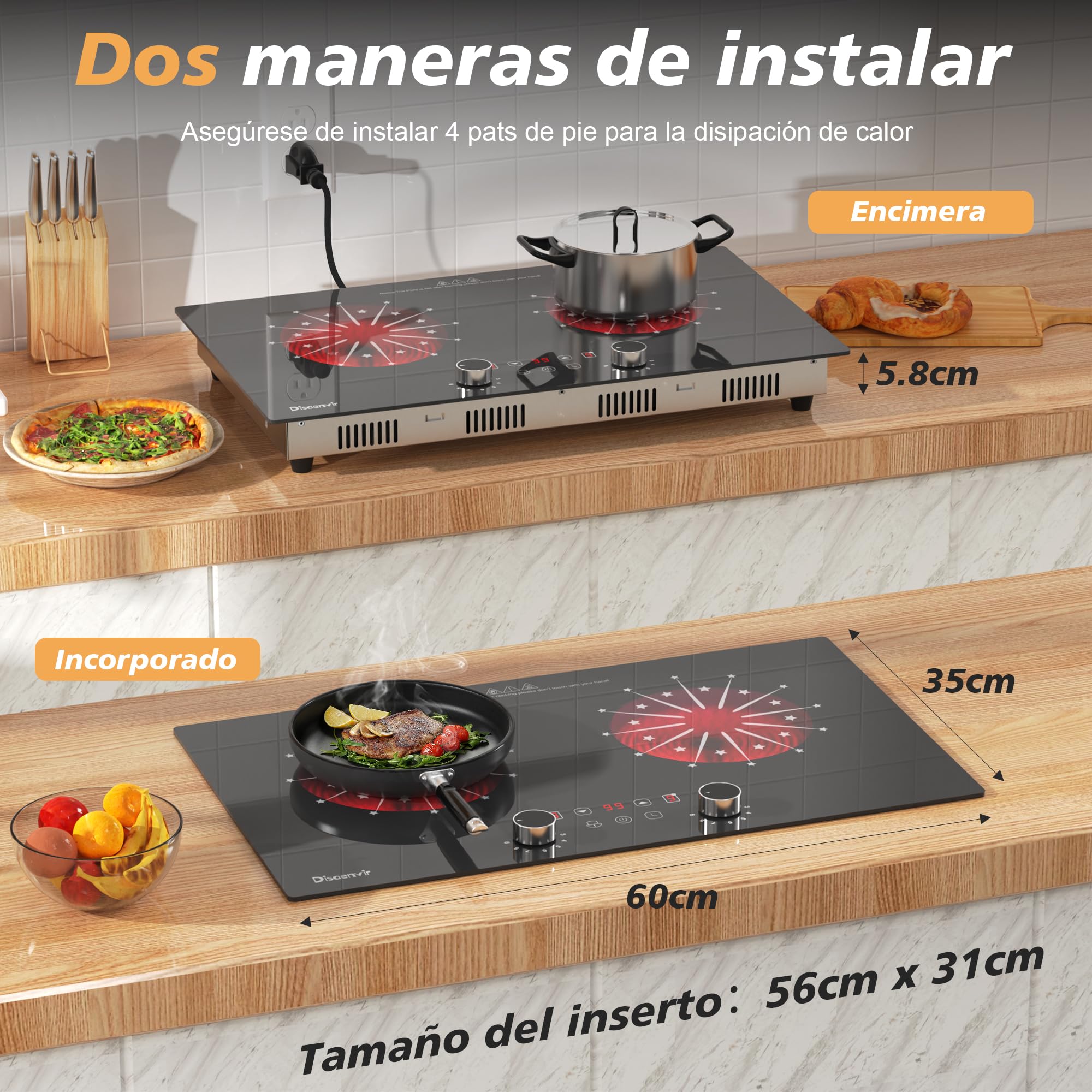 Placa Vitroceramica 2 Fuegos 30cm 3200W, Vitroceramica Induccion con Enchufe de 230v, Placa Electrica Cocina con Perillas, 9 Puestos, Control Táctil, Temporizador, Timer, Cerradura Infantil