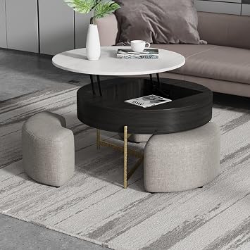 4 Piece Round Coffee Table - Lift Top Coffee Table with Storage, Sintered Stone Coffee Table with 3 Nesting Ottomans, Modern Coffee Table Set for Living Room Office Lounge White and Black