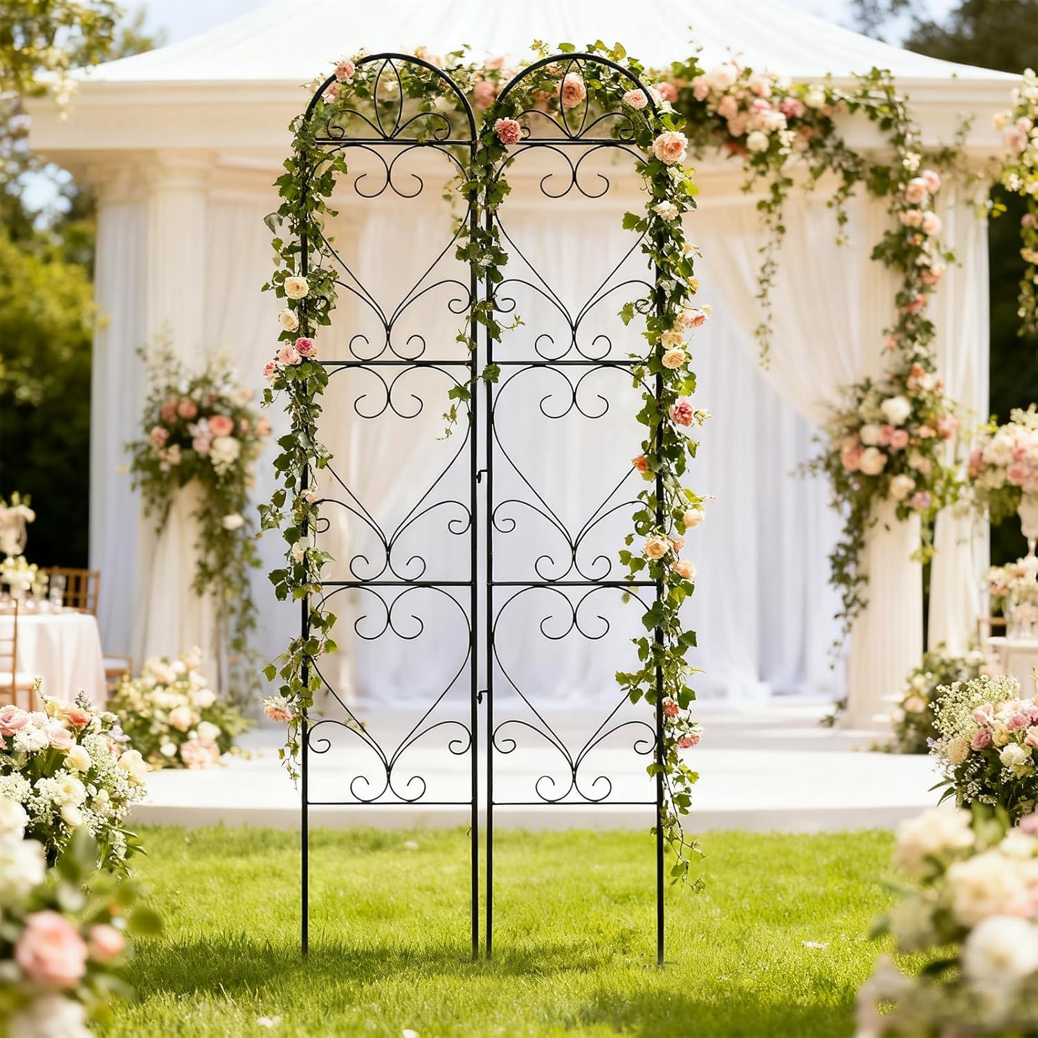 2PCS Metal Garden Trellis for Climbing Plants Outdoor, Heavy-Duty Cucumber Tomato Trellis for Raised Garden Bed, Decorative Wrought Iron Trellis Arch for Wedding Party Decor