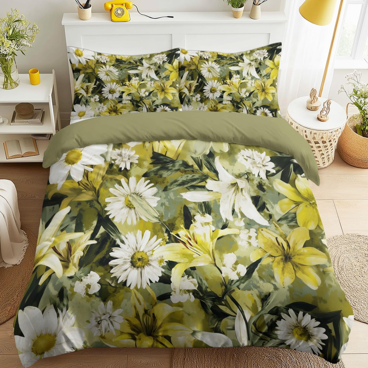 Housse de couette 240x260 cm marguerites jaunes et lys en microfibre