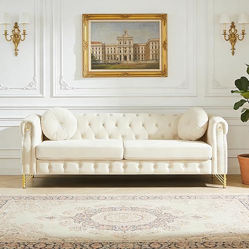 Miniatura 20 de SLEERWAY Cómodo sofá individual con brazos enrollados y almohadas, silla de terciopelo moderna de mediados de siglo con ribete dorado y patas, Beige