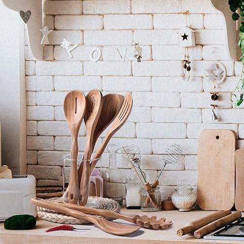 Miniatura 6 de Gudamaye Cucharas de madera de nogal negro de 12 pulgadas para cocinar, 6 cucharas largas de madera Handel, utensilio de madera de nogal negro