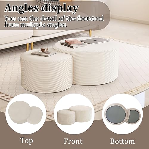 Miniatura 5 de Juego de 2 mesas auxiliares redondas, otomanas movibles para sofá modular de pana, mesa auxiliar redonda de espuma para sala de estar, juego de