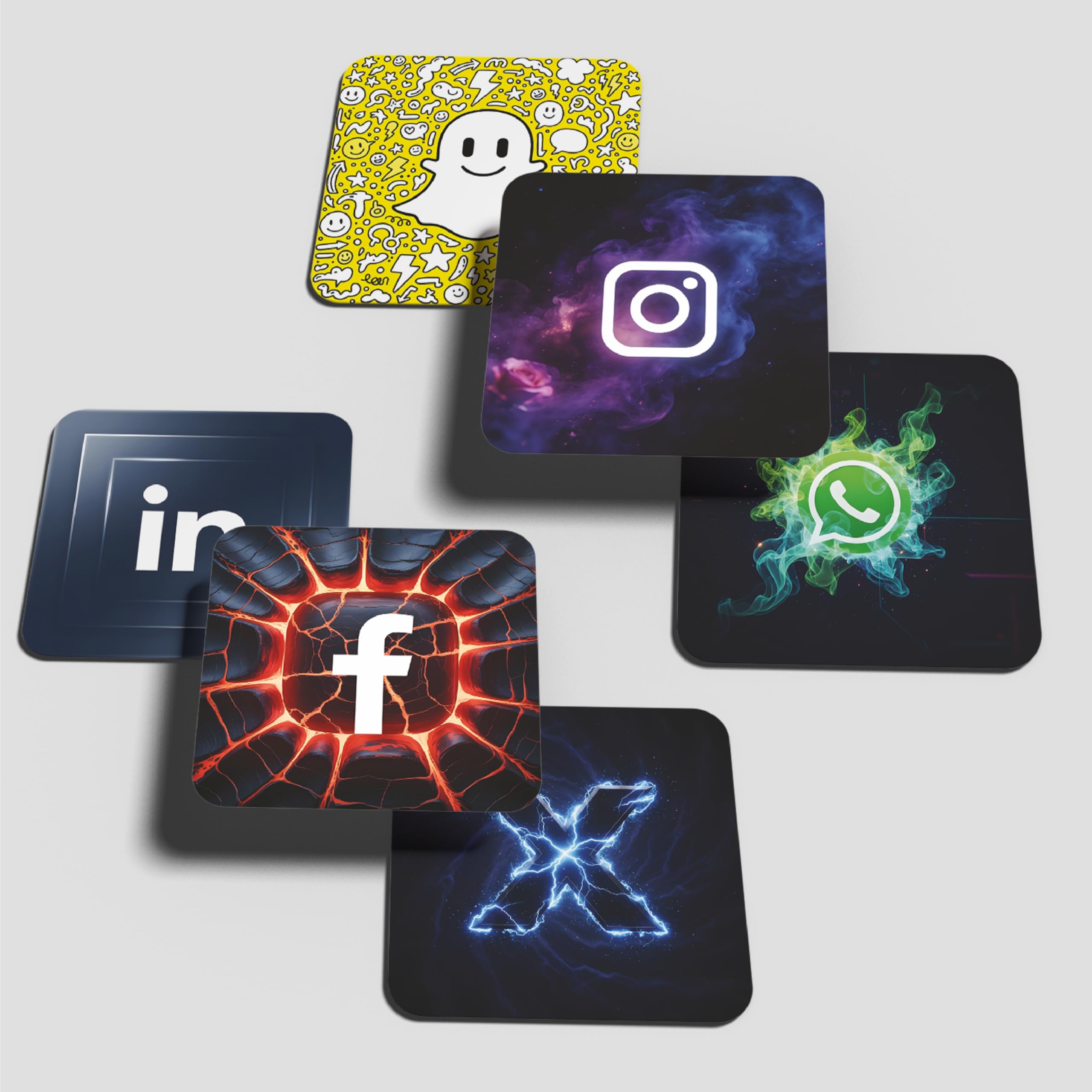 Smaran Social Media Theme Drink Coaster Set of 6, 4x4 Inch Square Printed Tea & Coffee Coasters, Designer Wooden Beverage Coasters for Cups, Mugs & Glasses. (Social Media-Coaster)