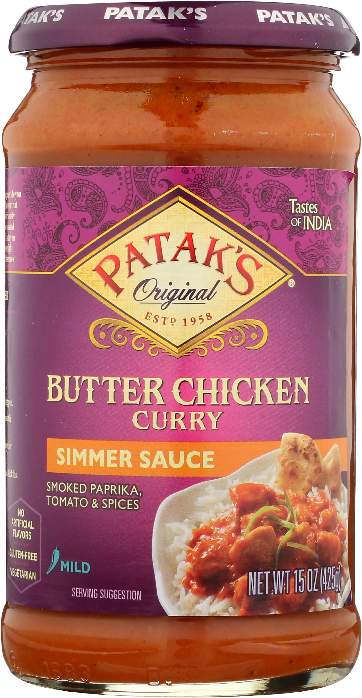 Patak's Butter Chicken Curry Simmer Sauce, Mild Spice, No Artificial Flavor, No Preservatives, 15 Ounce (Pack of 6)