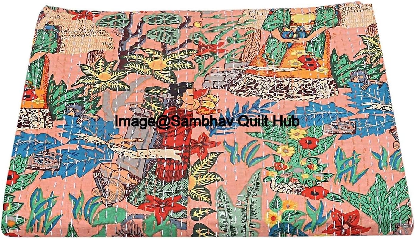 floral Printed Cotton Quilted Blanket Indian Handmade Bedspread Kantha Work Bohemian Bed Decor Throw Blanket Twin/King/Queen (60X90 inches) - Image 2