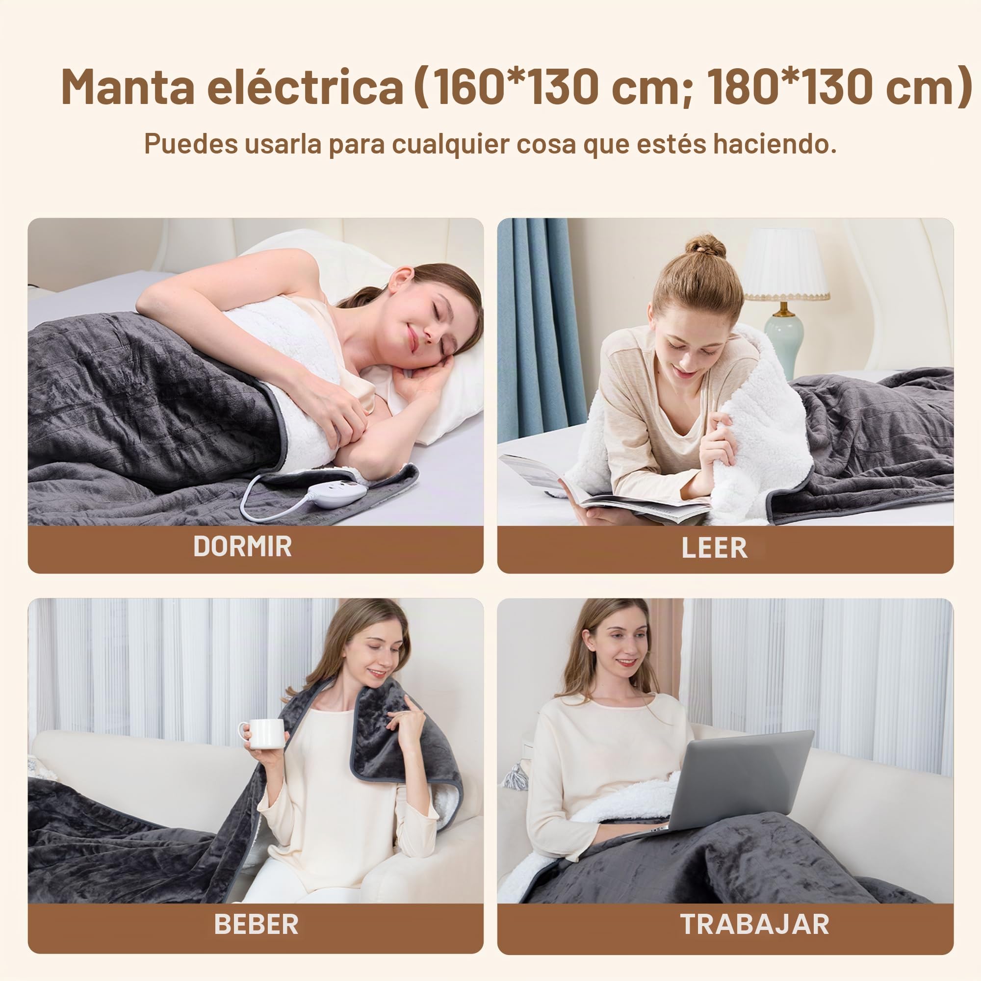 Manta Eléctrica de 180 x 130 CM, 4 Niveles de Calor y 4 TTemporizadores, Lavable a Máquina (180 * 130CM)