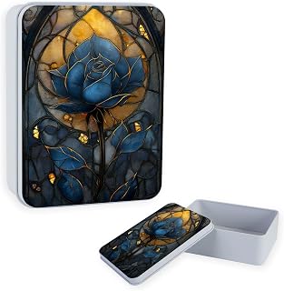 Large Metal Tin Box with Lid, Sturdy Decorative Metal Storage Container, Glass Window of Dark Blue Rose Durable Printed Tin Case for Gifts, Crafts, Small Items, Home & Office Organization
