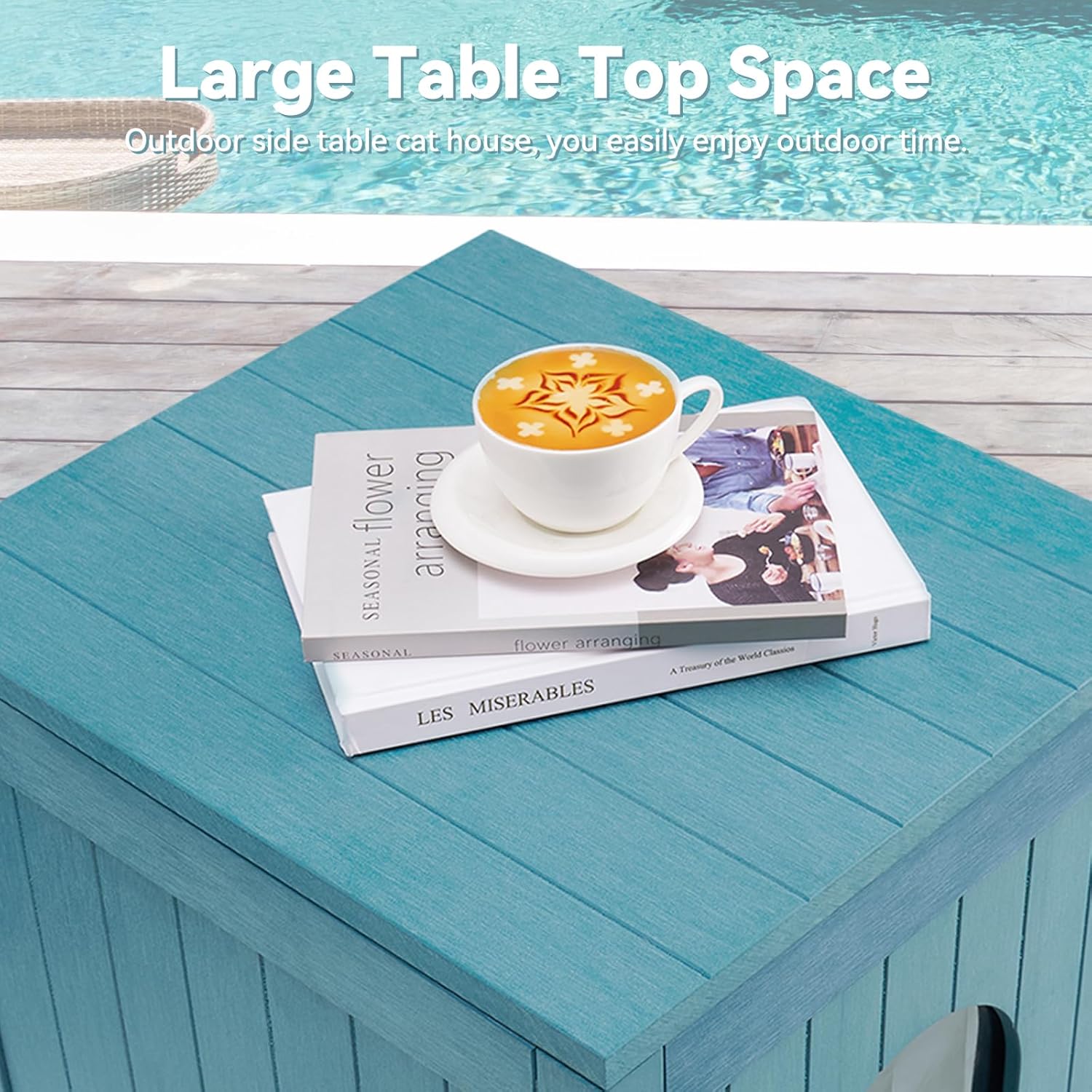 review Outdoor Side Table with Cat House, Poly Lumber Sturdy Outdoor End Table Weatherproof, Waterproof Patio Storage Box with Openable Roof, Elevated Feet for Patio, Porch, Lake Blue