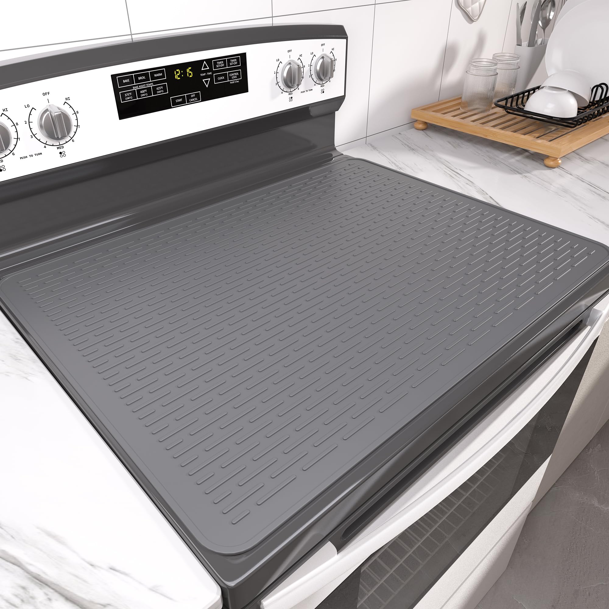 Stove Top Cover for Electric Stove- Range Covers for Electric Stove,Silicone XXL Dish Drying Mat, Glass Cooktop Covers, Flat RV Range top Mats (Gray, 28"x20")