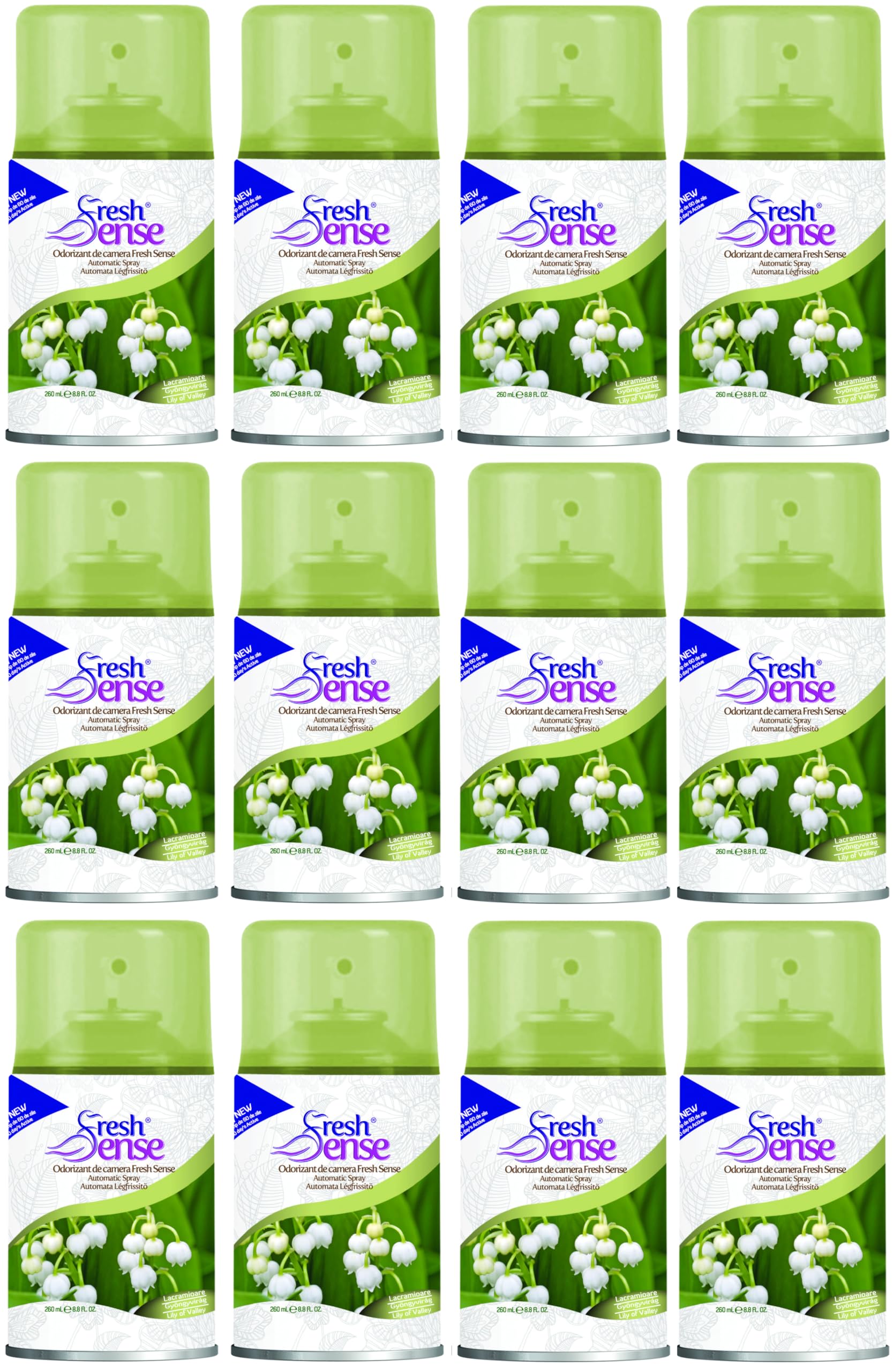 LILY OF VALLEY Air Freshener Auto Spray Refill 260ml (PACK of 12) | FRESH SENSE | Long Lasting Room Fragrance for Home, Office, Bathroom, Toilet & Kitchen | Fits Any Automatic Freshener Gadget Machine