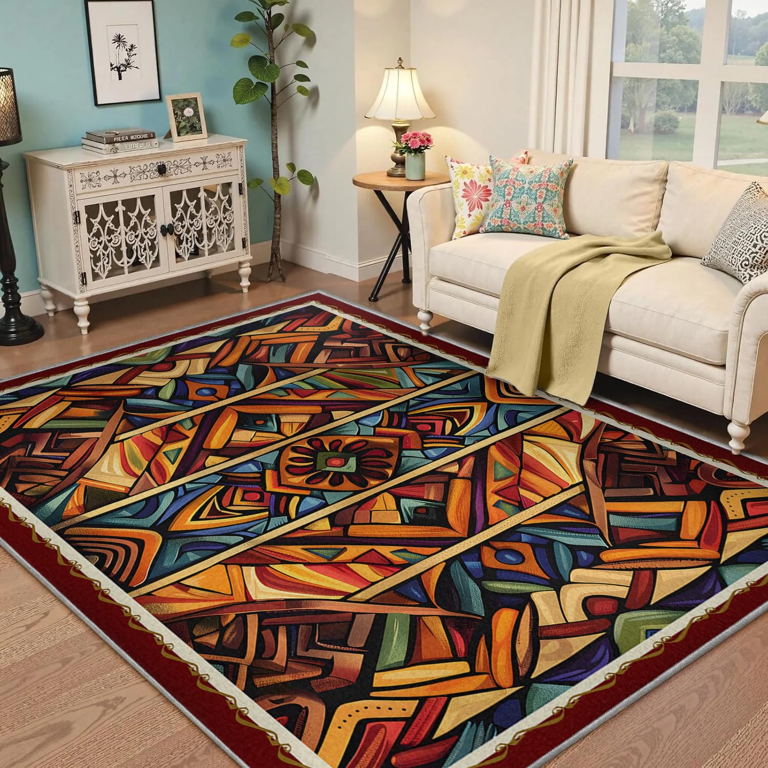 Tapis tribal géométrique lavable 160x230cm : la solution idéale sans entretien pour salle à manger