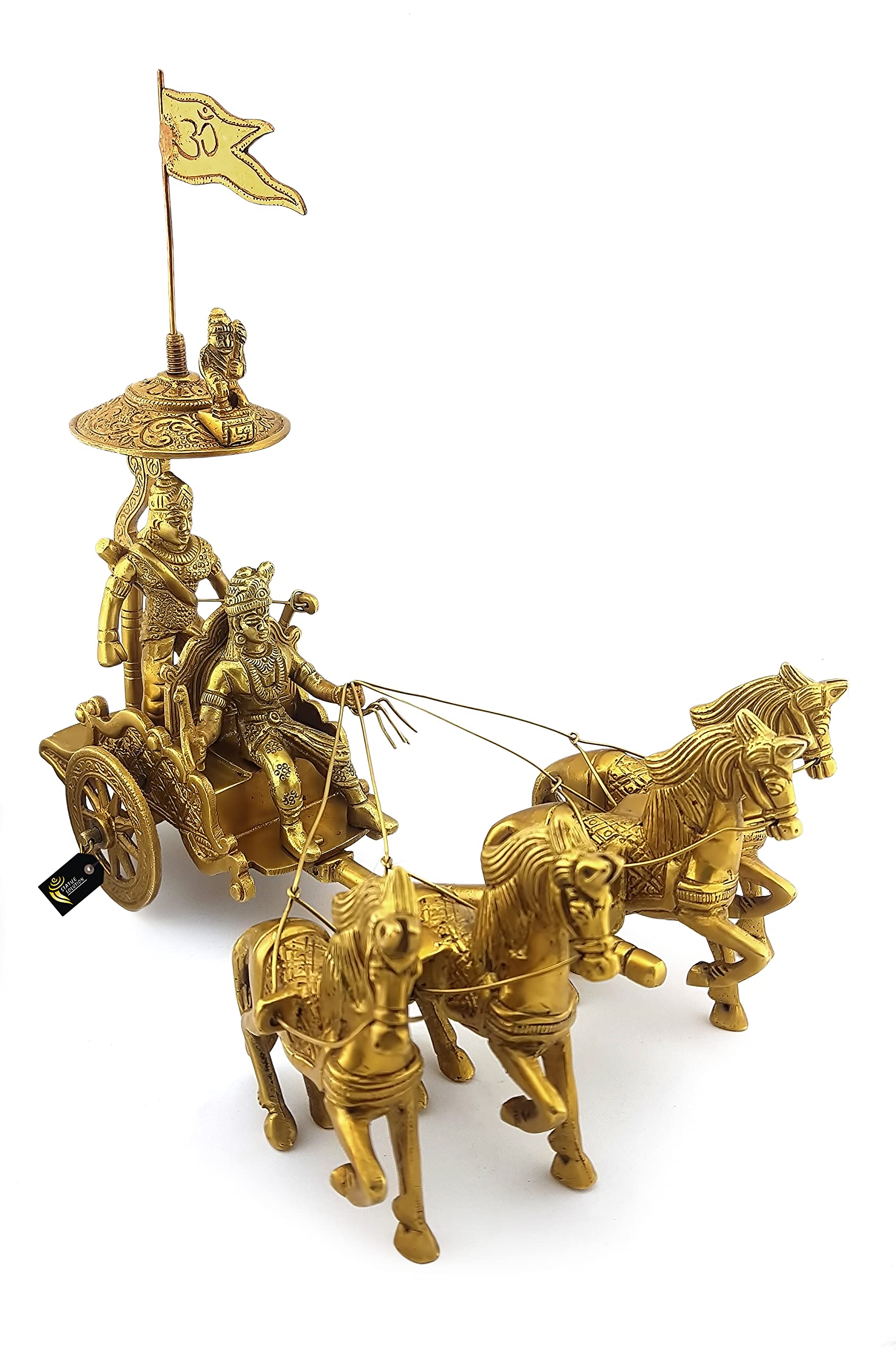 STATUESOLUTION Antique Finish Krishna Arjuna Rath Chariot with 4 Horses Brass Showpiece (Golden)