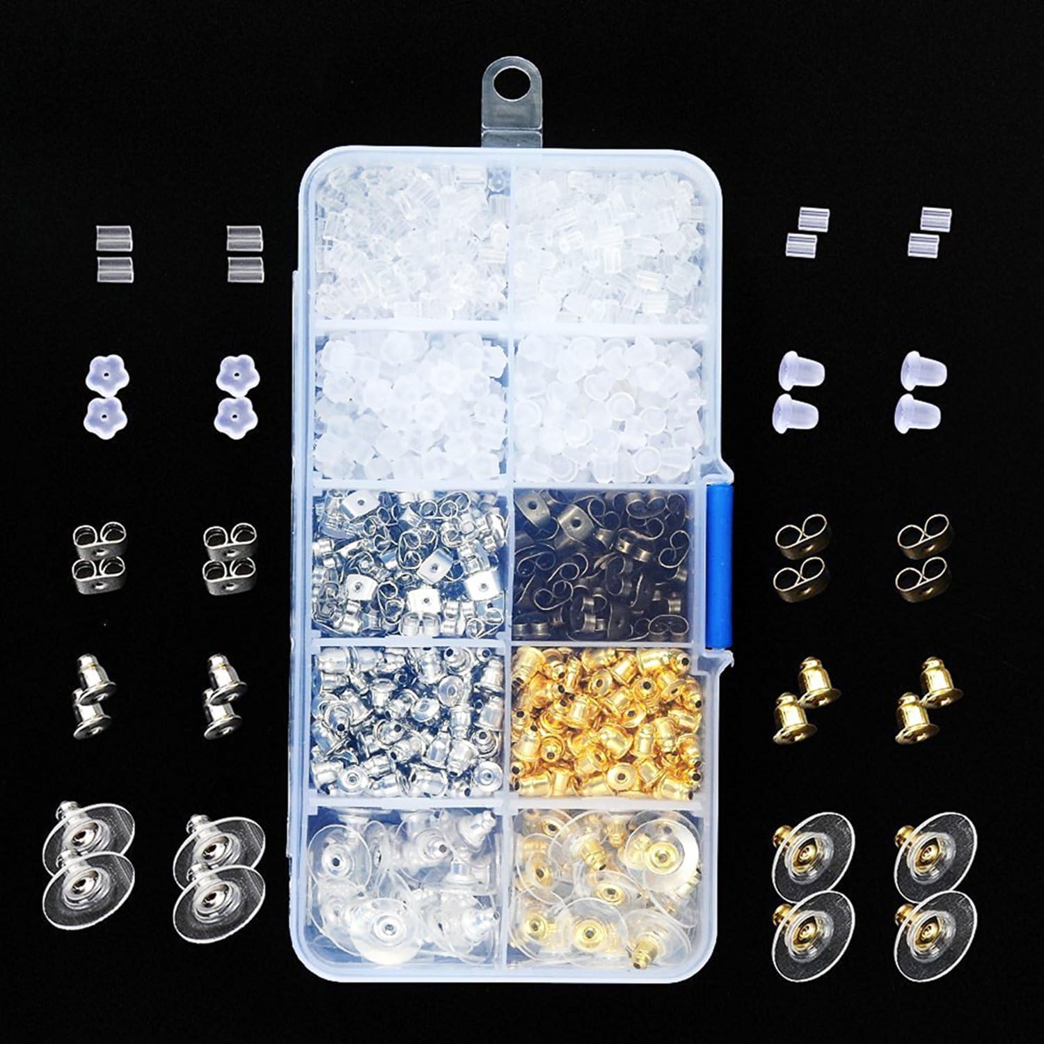 Outee Earring Back Kit Earring Safety Backs , 10 Styles Rubber Plastic Metal Earring Backs for Safety, 1040 Pieces