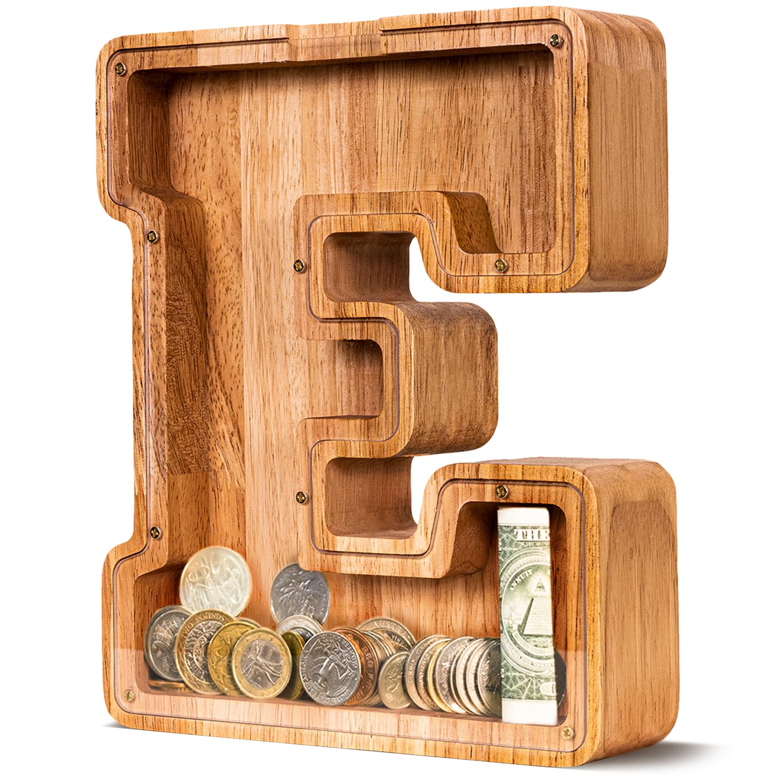 ELX Wooden Piggy Bank for Kids Boys, Personalized Letter Money Bank, Safe & Durable Savings Box for Toddlers Girls, Gifts for Birthday Holiday