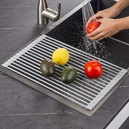 EMBATHER Escurridor de platos enrollable sobre el fregadero, escurridor de platos de 17.5 x 11.2 pulgadas para encimera de cocina, escurridor de