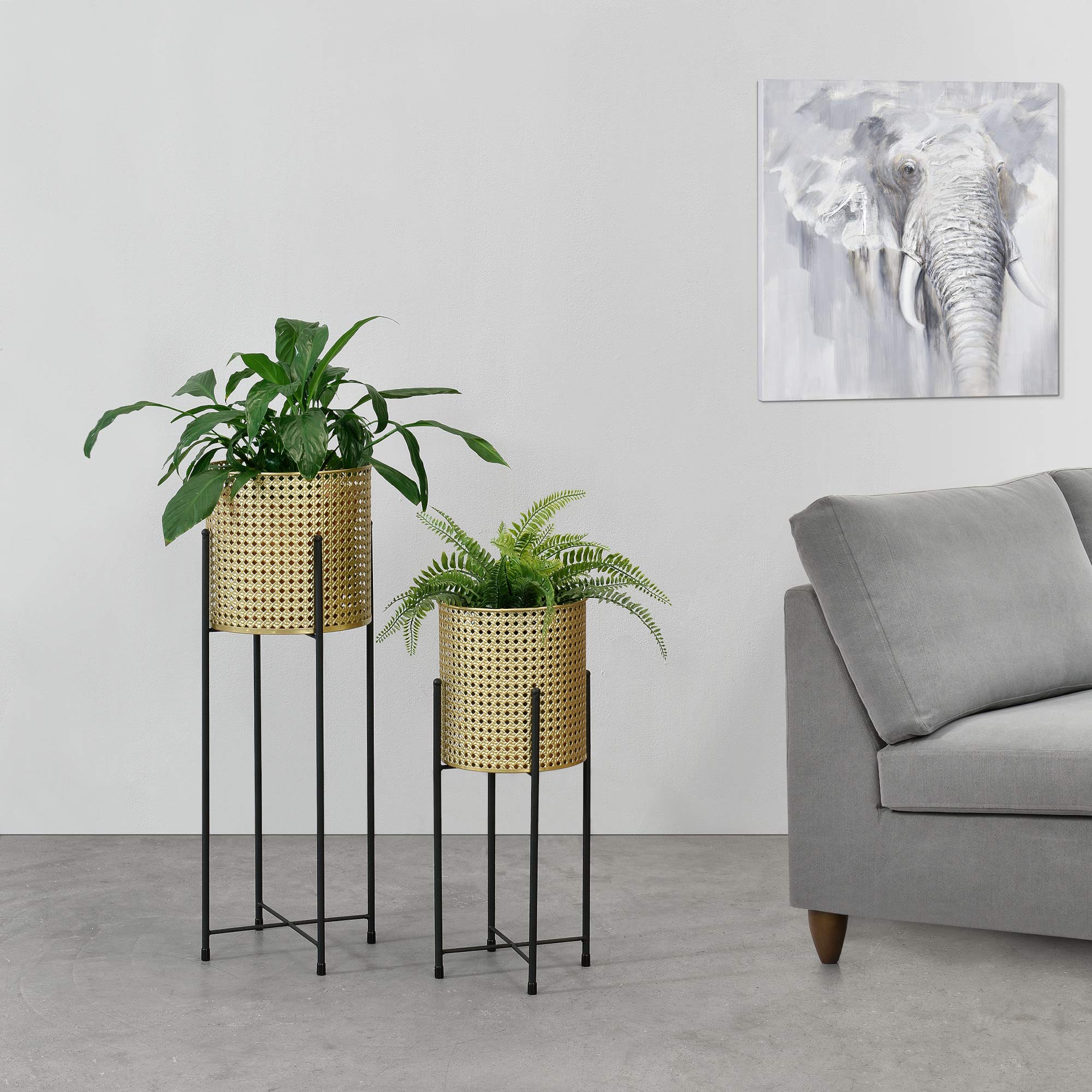 [en.casa] Set di 2 Portavasi in Metallo Nero Supporto di Design per Piante in 2 Altezze Diverse con Coprivaso in Color Oro