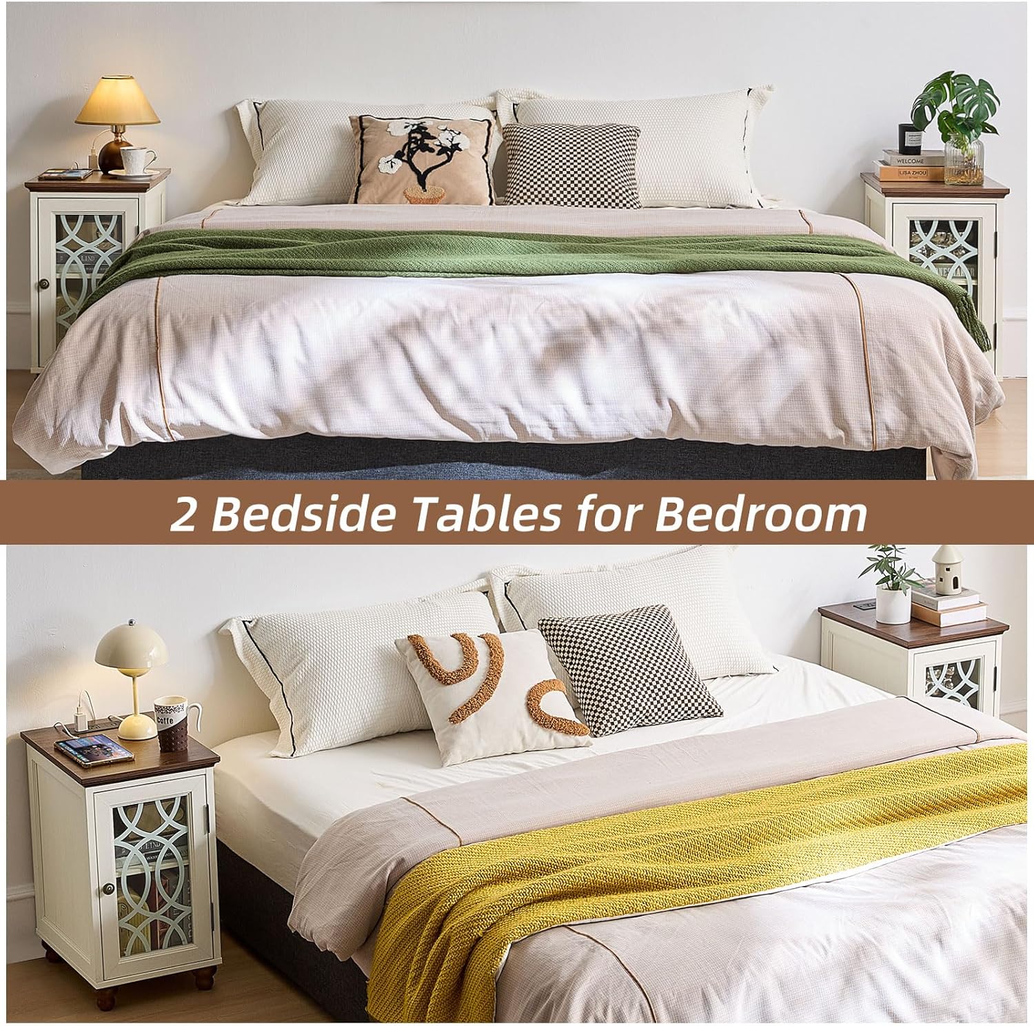 Narrow Side Table with Charging Station Set of 2, Night Stand with Glass Door,Bedside End Tables with Adjustable Shelf Storage Cabinet,Wood Nightstand for Small Spaces Living Room Bedroom with Charger Antique White 2