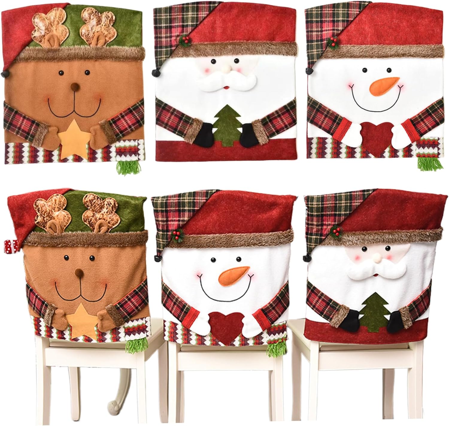 6Pcs Christmas Chair Back Covers 19x21 Santa Snowman Reindeer Chairs Covers Soft & Comfortable Christmas Chair for Kitchen Hotel Holiday Party Decor